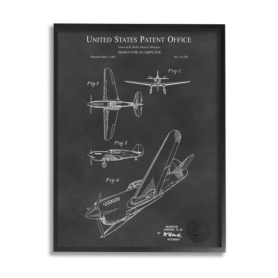 Stupell Industries Detailed Aircraft Blueprint Chart Graphic Art Black Framed Art Print Wall Art, Design by Karl Hronek