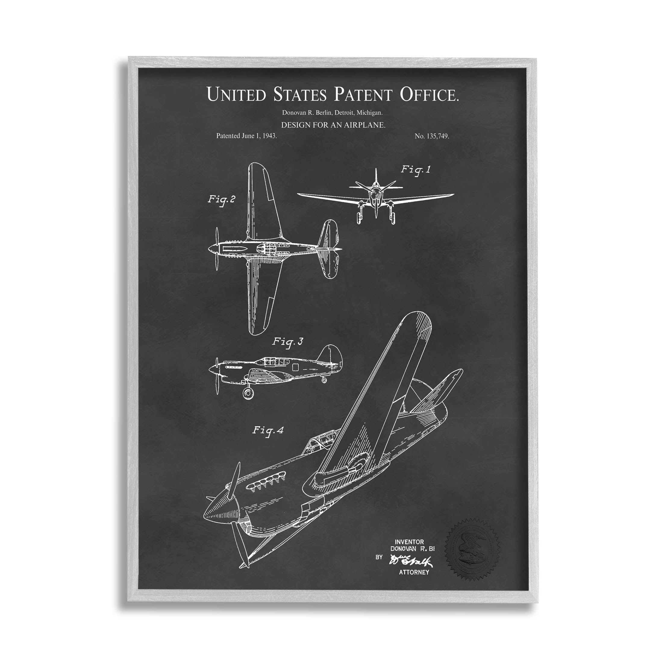Stupell Industries Detailed Aircraft Blueprint Chart Graphic Art Gray Framed Art Print Wall Art, Design by Karl Hronek