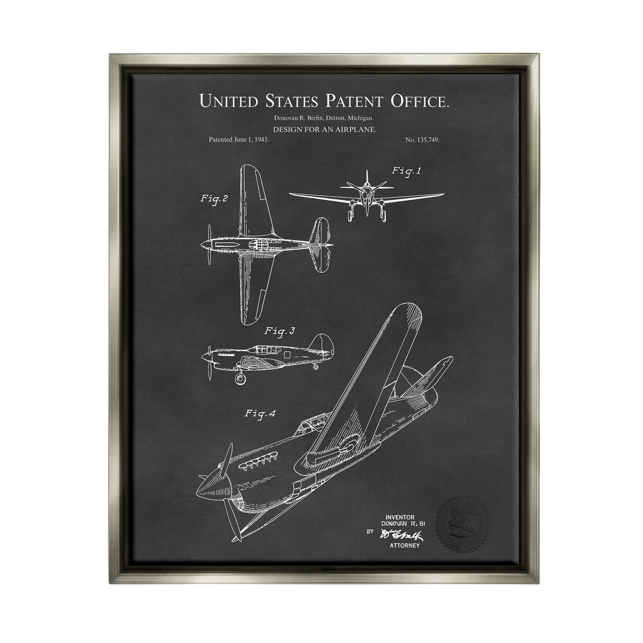 Stupell Industries Detailed Aircraft Blueprint Chart Graphic Art Luster Gray Floating Framed Canvas Print Wall Art, Design by Karl Hronek