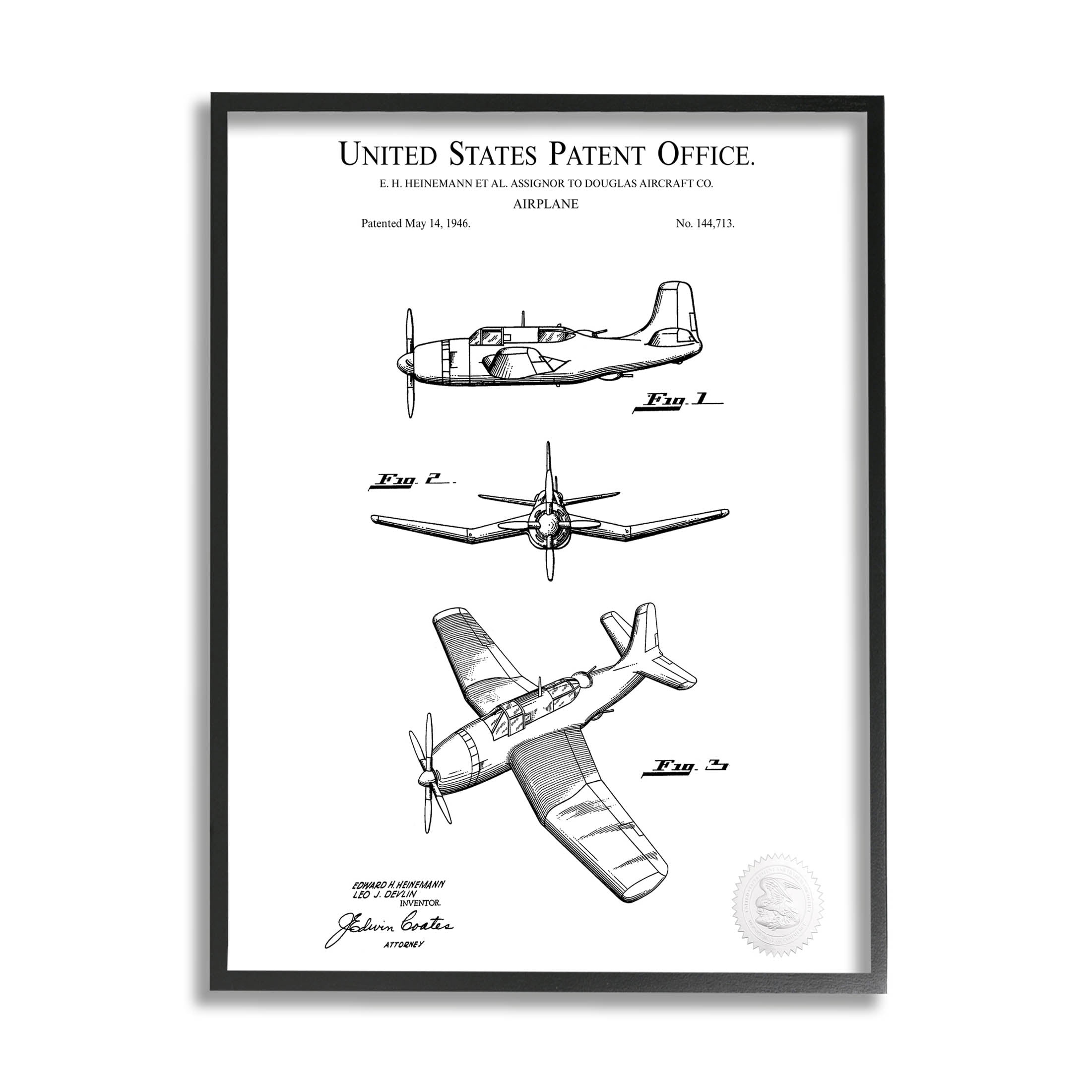Stupell Industries Detailed Aircraft Patent Chart Graphic Art Black Framed Art Print Wall Art, Design by Karl Hronek