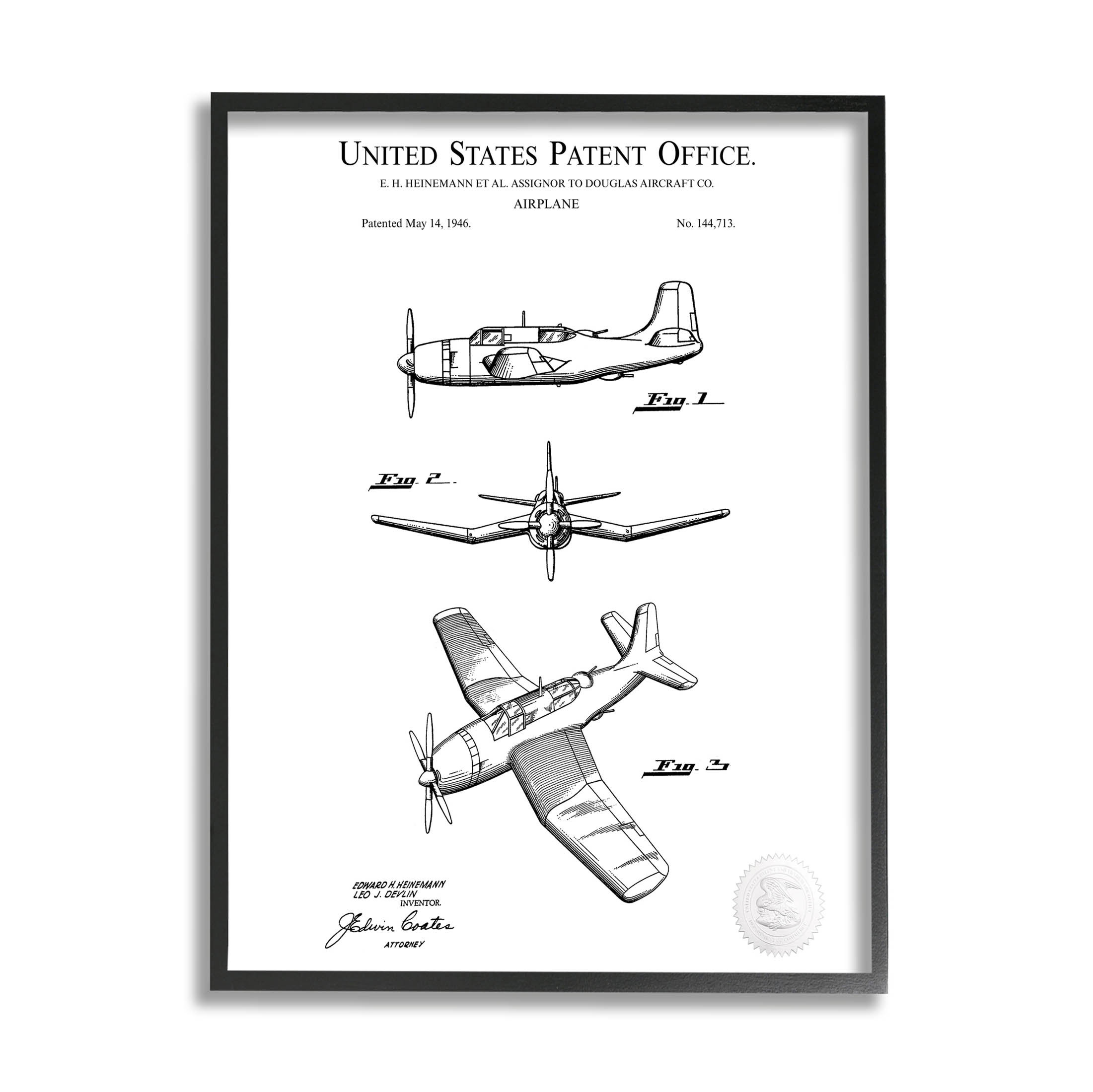 Stupell Industries Detailed Aircraft Patent Chart Graphic Art Black Framed Art Print Wall Art, Design by Karl Hronek