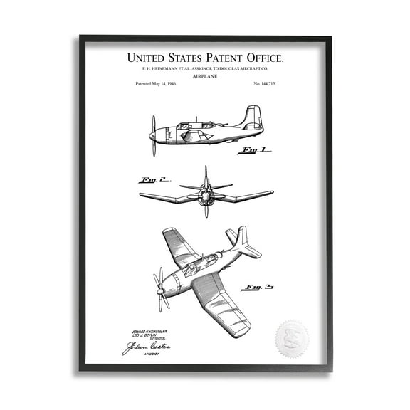 Stupell Industries Detailed Aircraft Patent Chart Graphic Art Black Framed Art Print Wall Art, Design by Karl Hronek