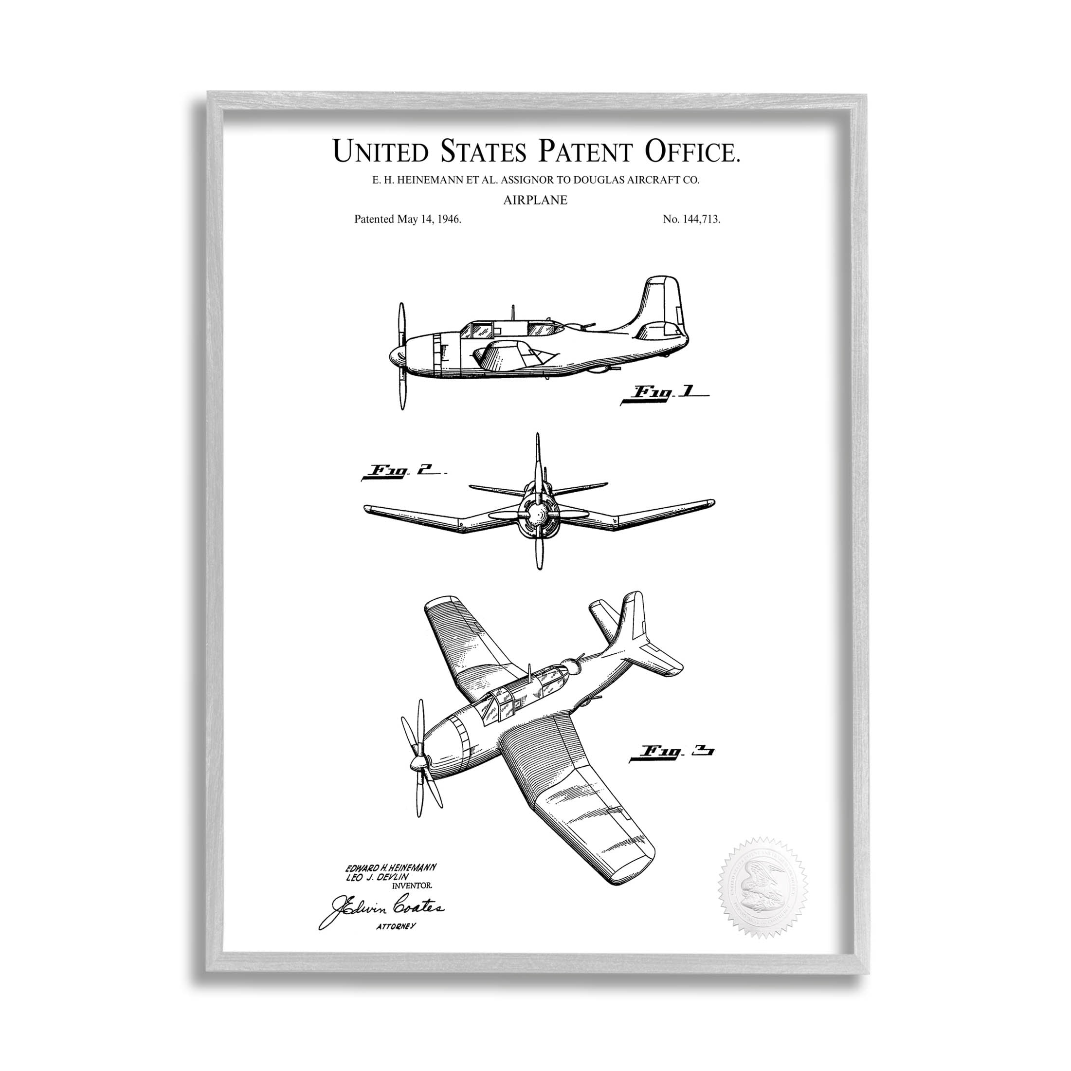 Stupell Industries Detailed Aircraft Patent Chart Graphic Art Gray Framed Art Print Wall Art, Design by Karl Hronek