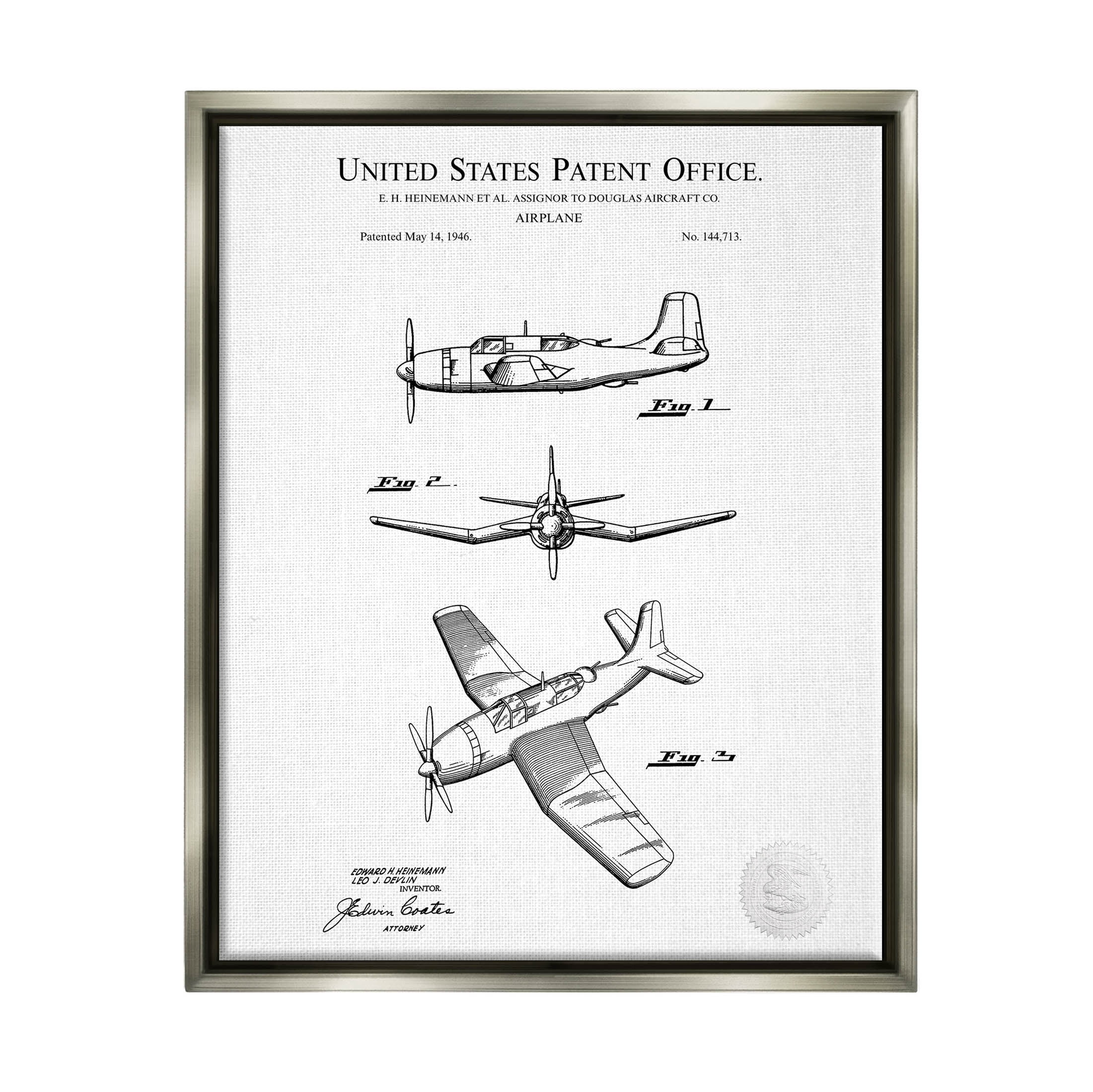 Stupell Industries Detailed Aircraft Patent Chart Graphic Art Luster Gray Floating Framed Canvas Print Wall Art, Design by Karl Hronek