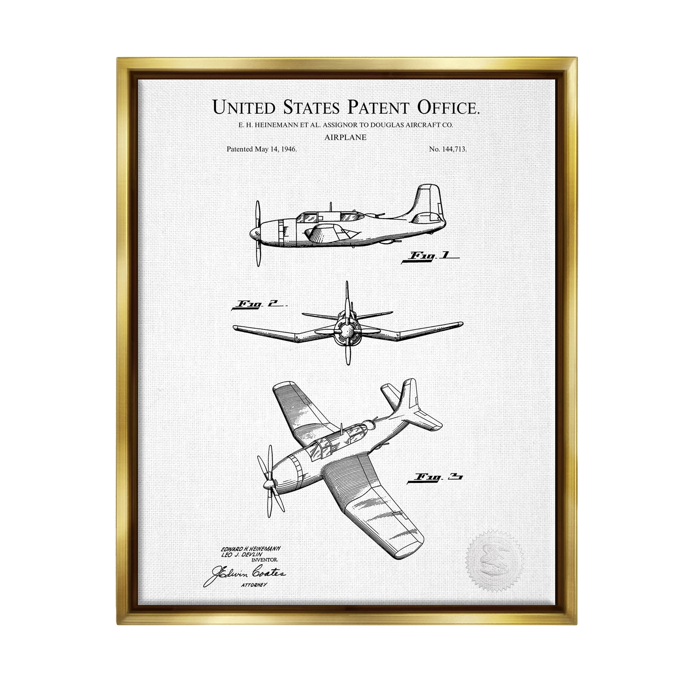 Stupell Industries Detailed Aircraft Patent Chart Graphic Art Metallic Gold Floating Framed Canvas Print Wall Art, Design by Karl Hronek