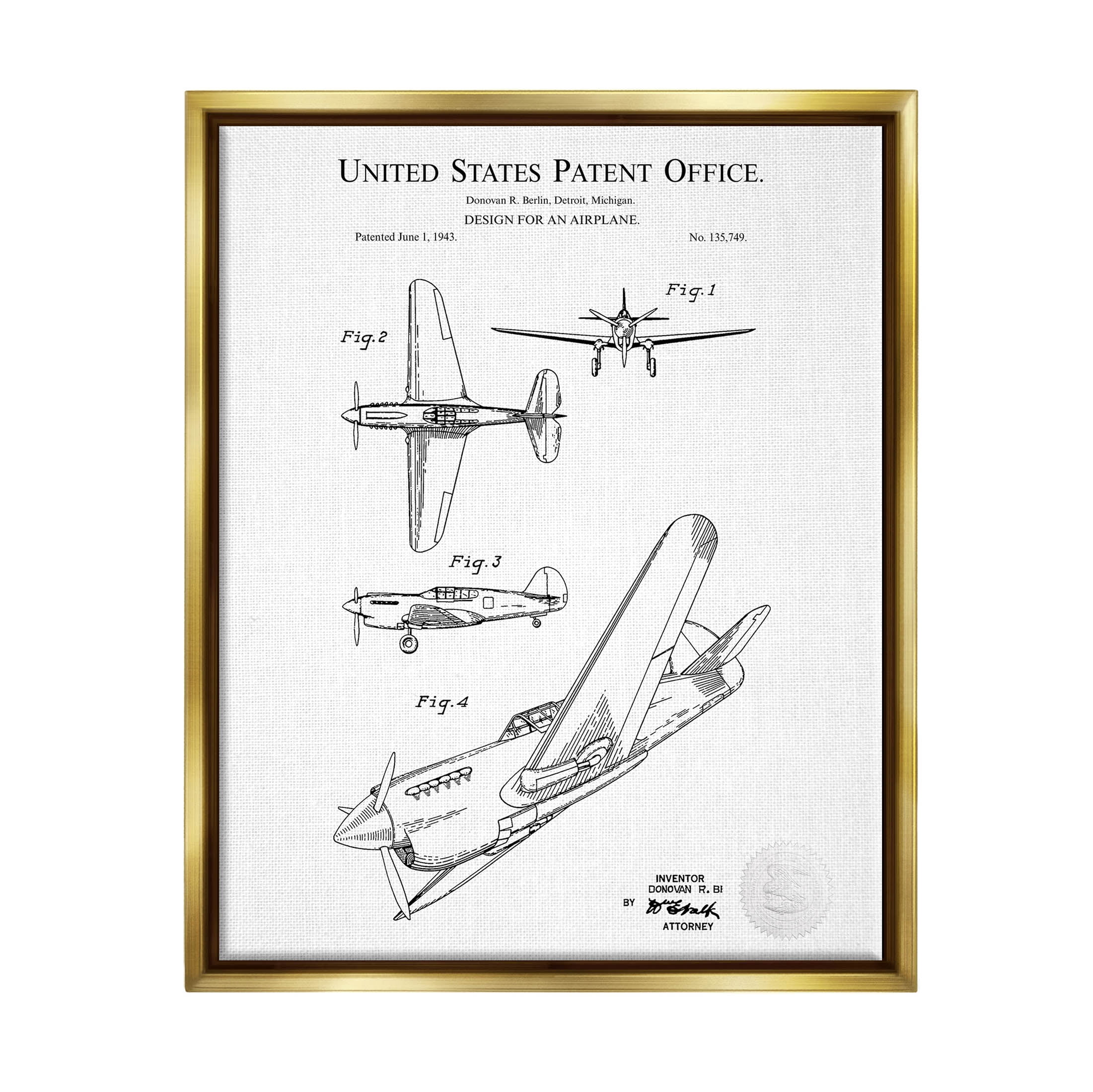 Stupell Industries Detailed Airplane Diagram Graphic Art Metallic Gold Floating Framed Canvas Print Wall Art, Design by Karl Hronek