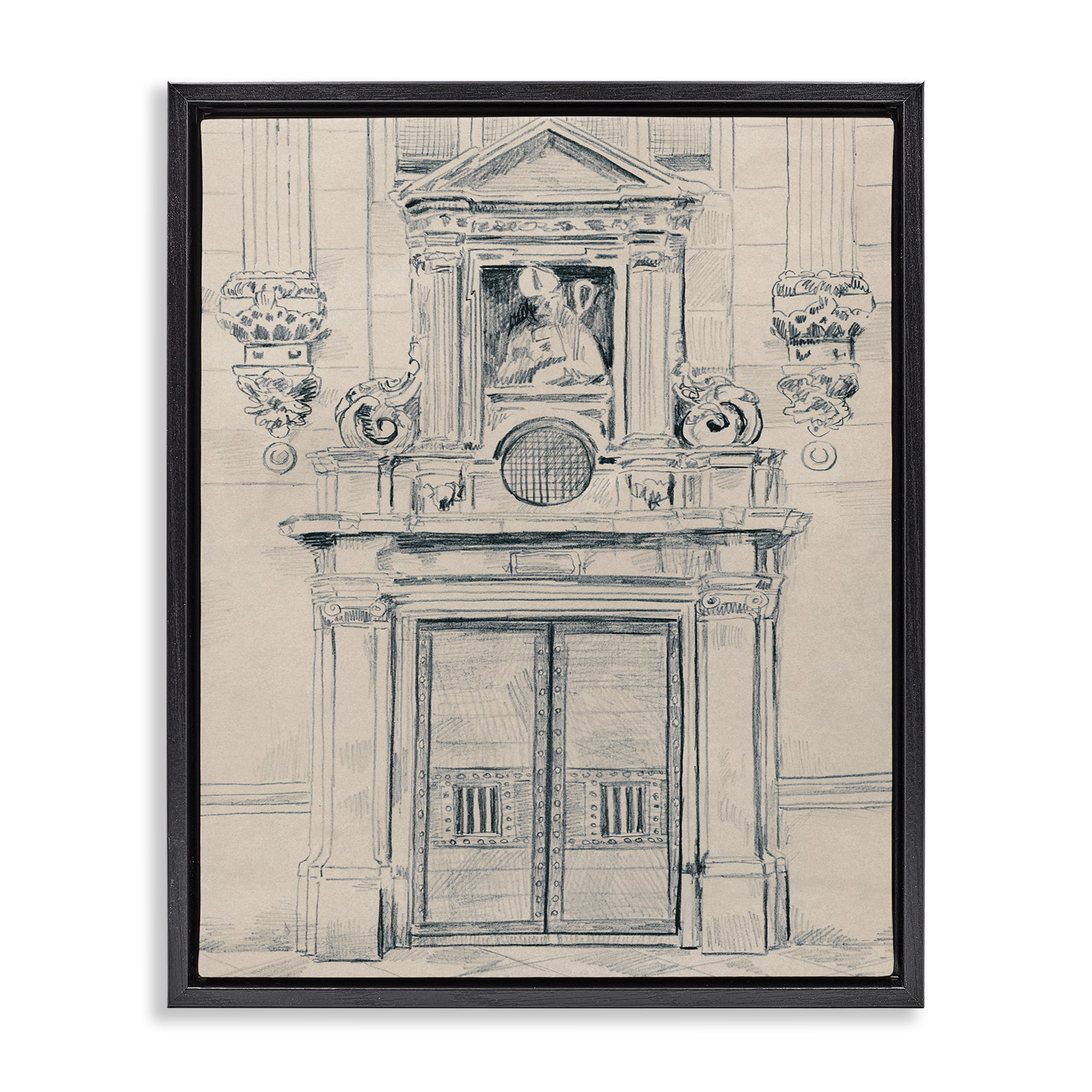 Stupell Industries Detailed Architecture Door Town & City Drawing Black Floater Framed Art Print Wall Art, 25 x 31
