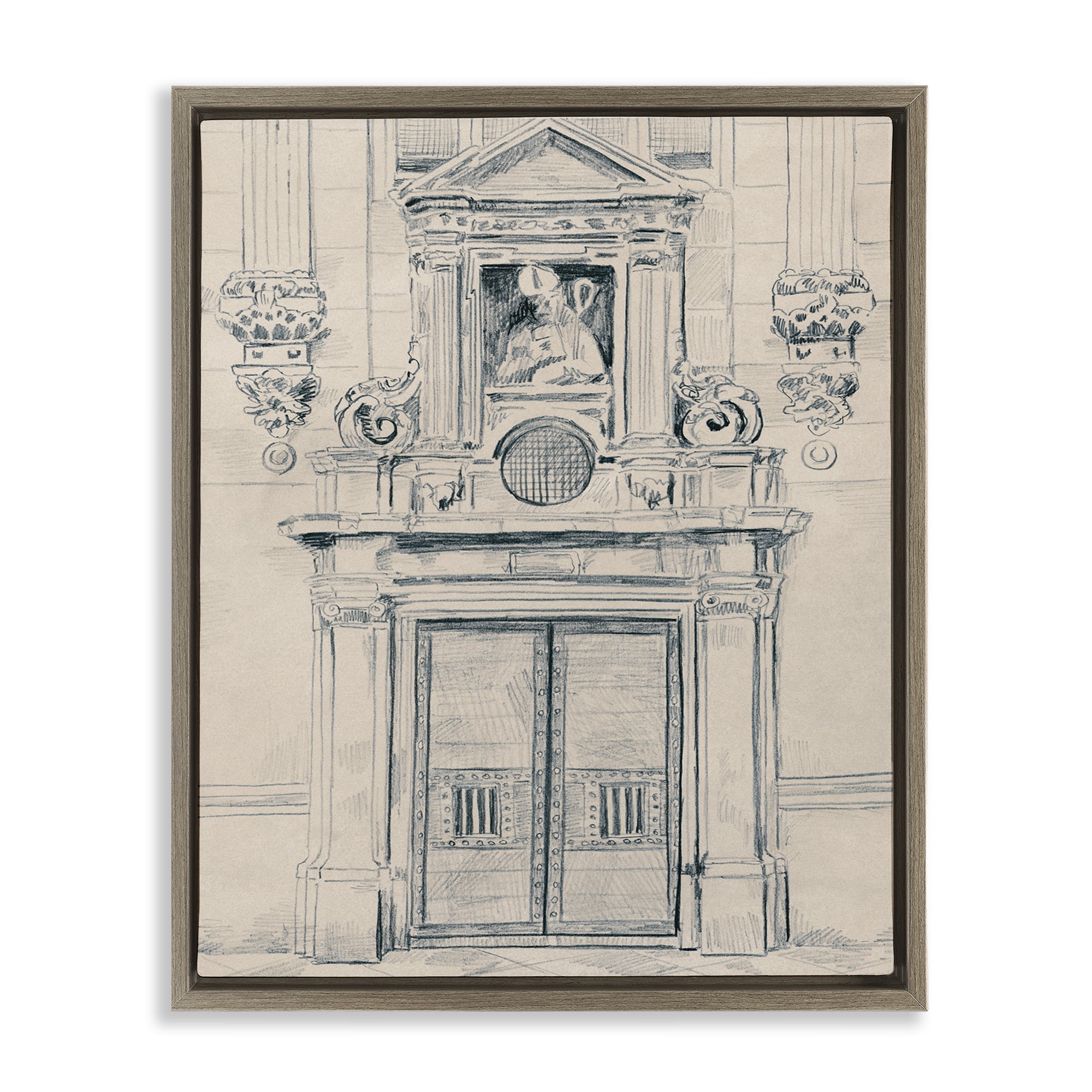Stupell Industries Detailed Architecture Door Town & City Drawing Brown Floater Framed Art Print Wall Art, 17 x 21