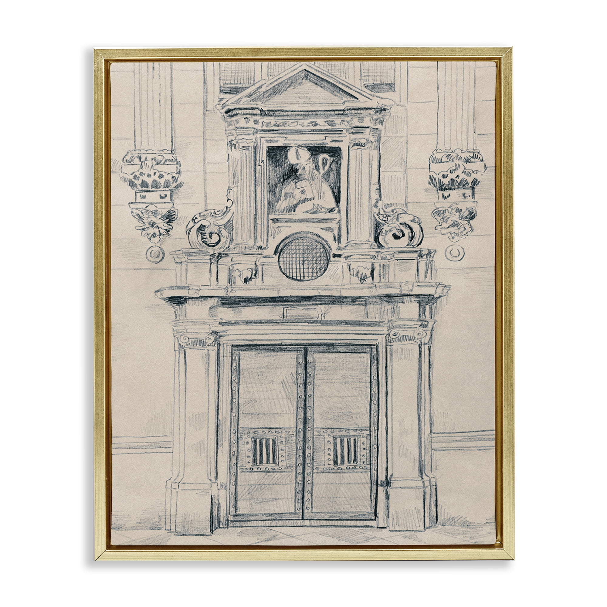 Stupell Industries Detailed Architecture Door Town & City Drawing Gold Floater Framed Art Print Wall Art, 17 x 21