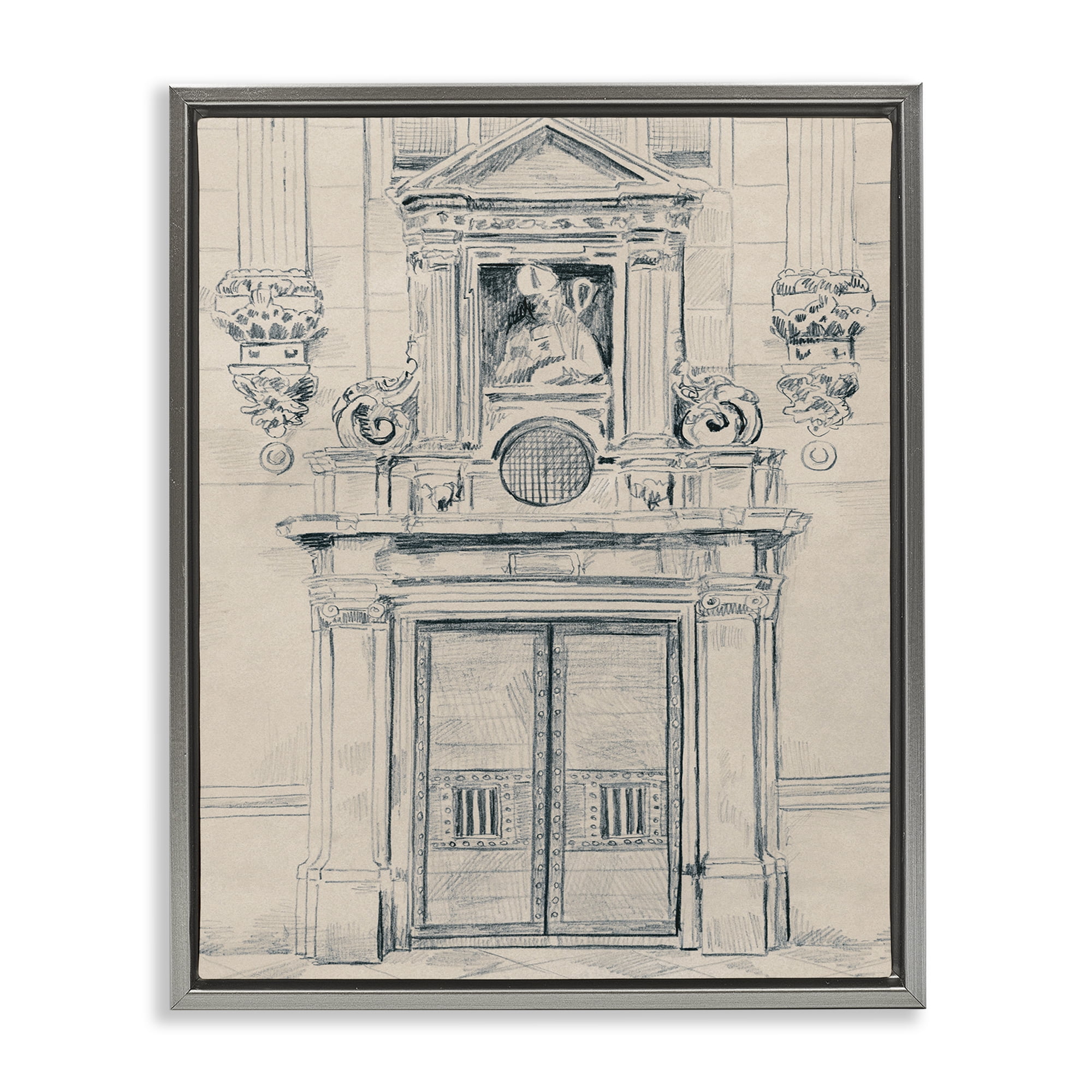 Stupell Industries Detailed Architecture Door Town & City Drawing Gray Floater Framed Art Print Wall Art, 25 x 31