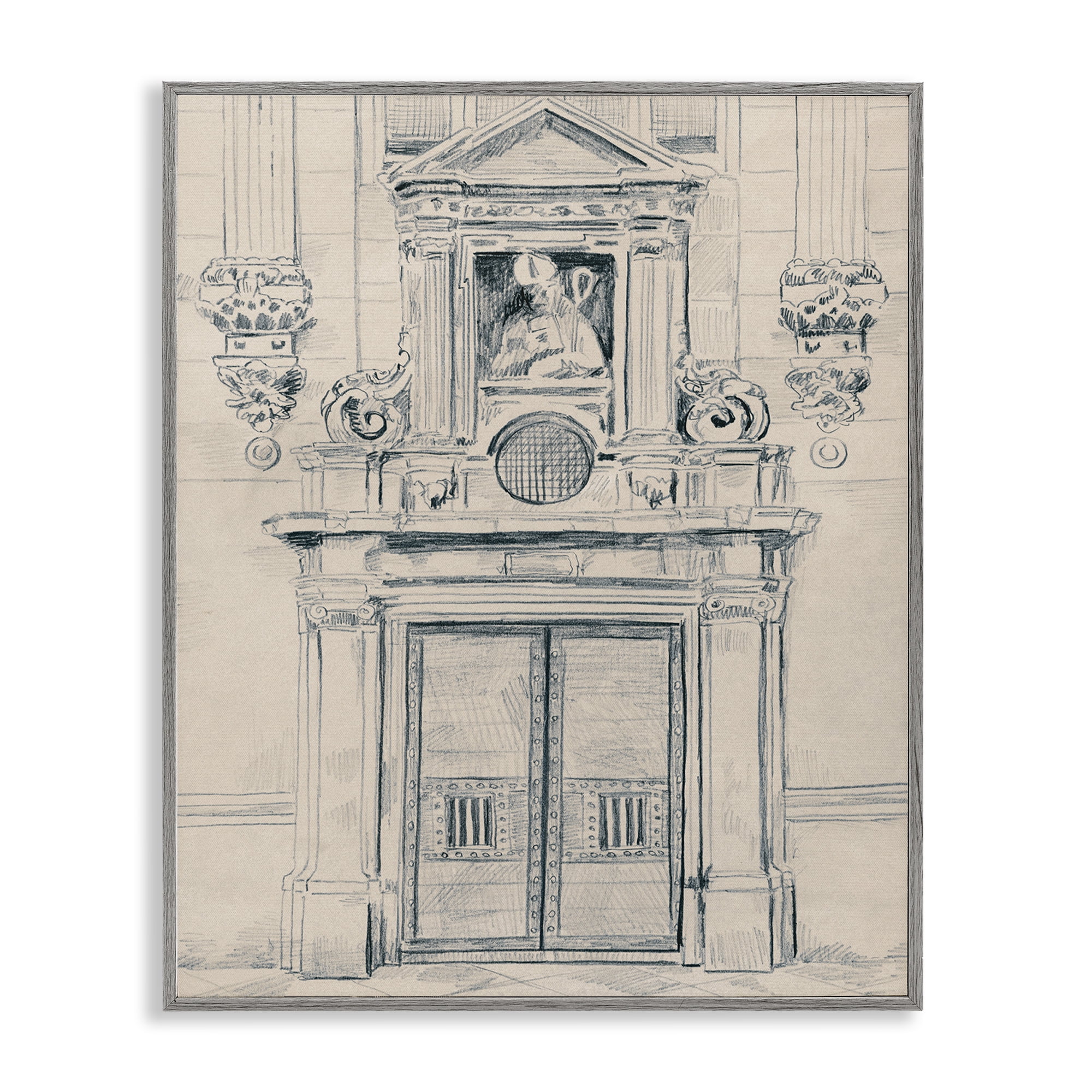 Gray Framed Architectural Door Drawing Print, 16 x 20
