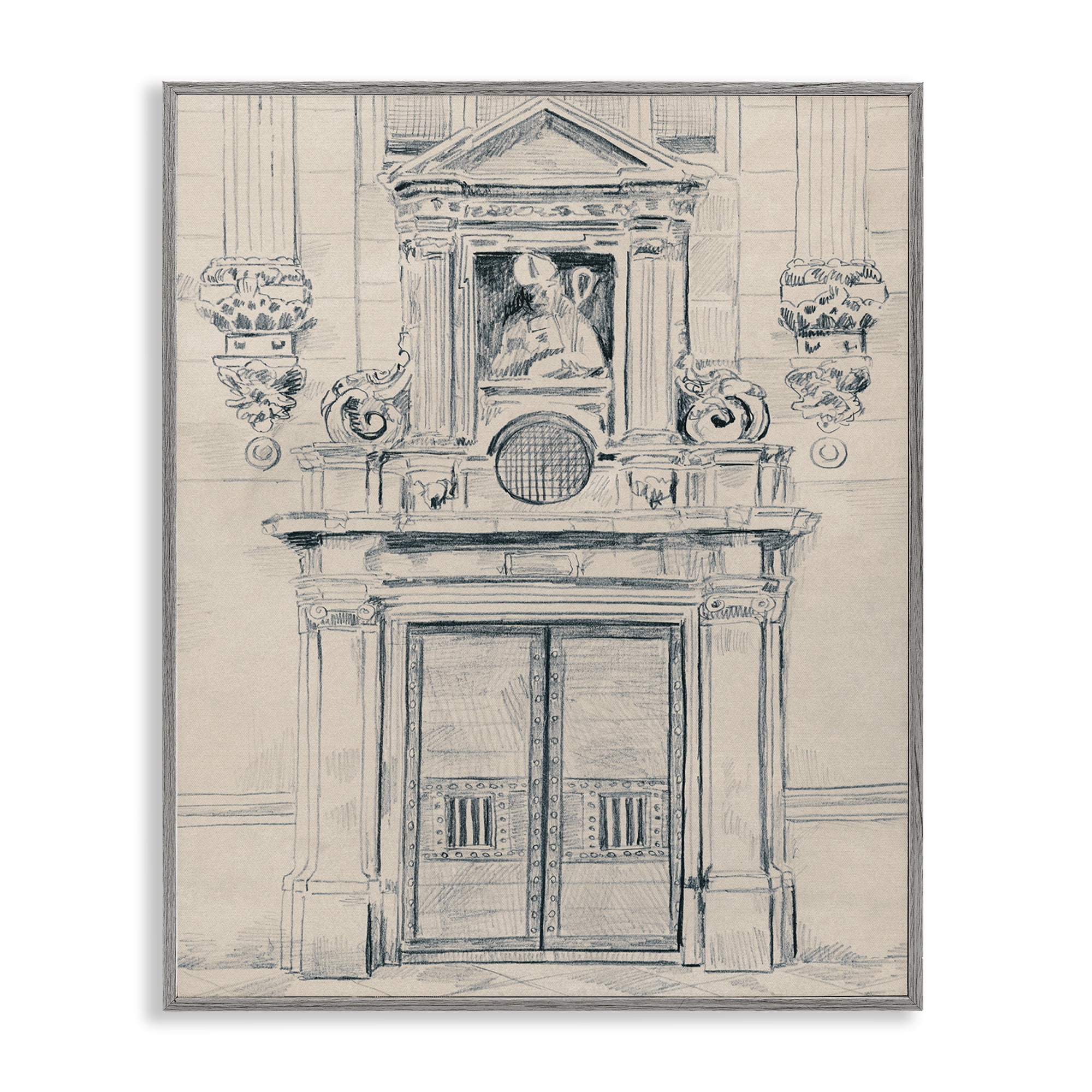 Stupell Industries Detailed Architecture Door Town & City Drawing Gray Framed Art Print Wall Art, 24 x 30