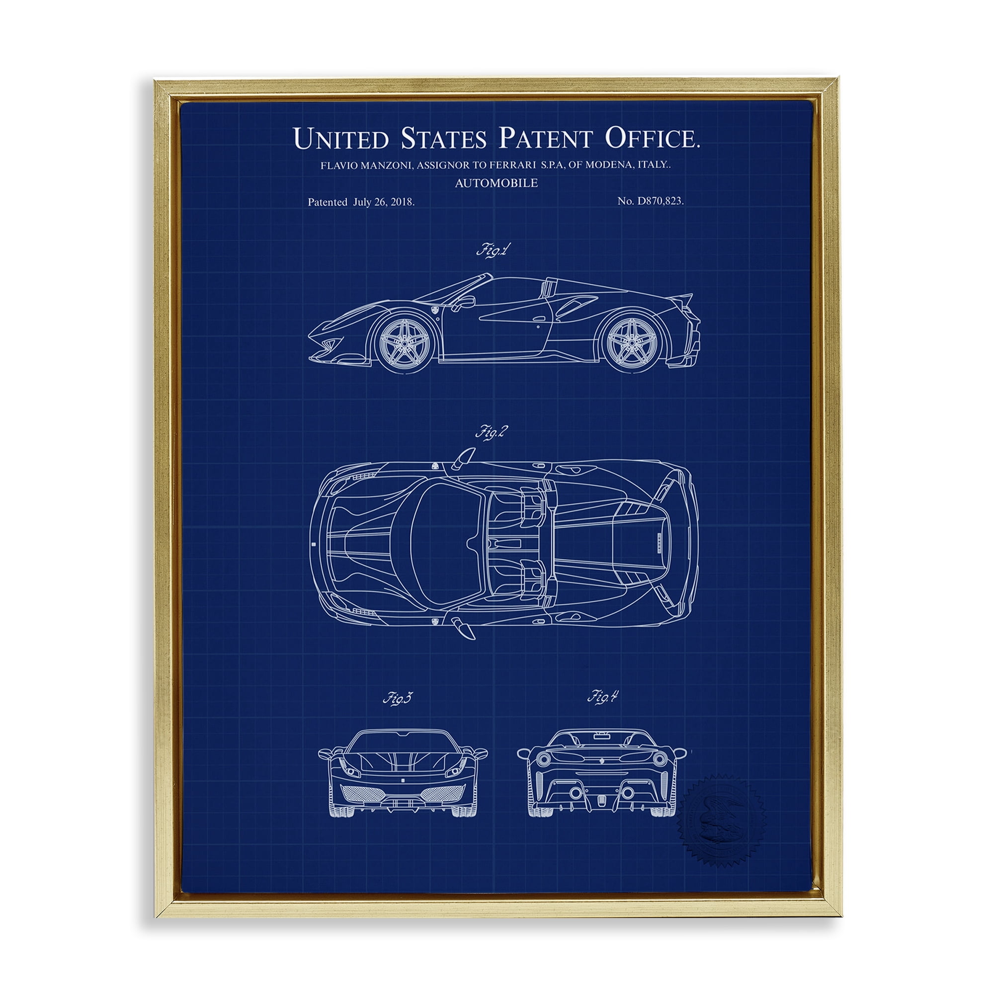 Stupell Industries Detailed Automobile Blueprint Transportation Painting Gold Floater Framed Art Print Wall Art, 25 x 31