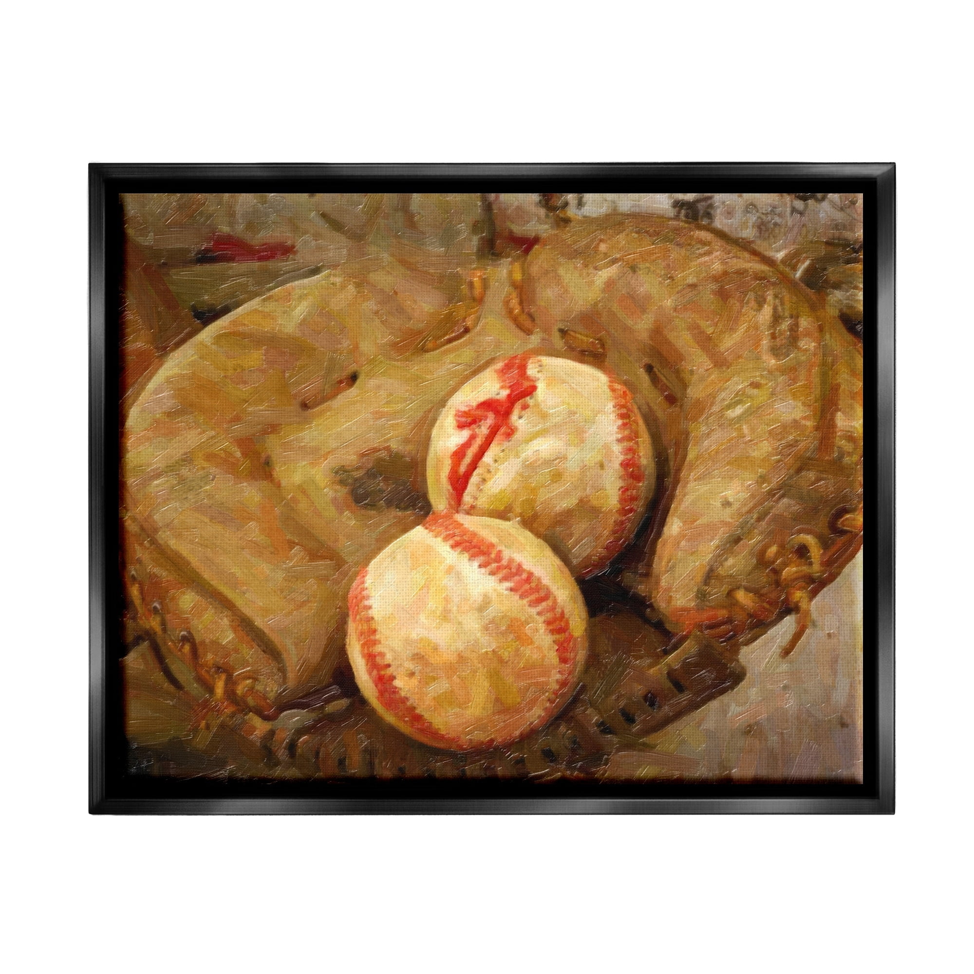 Stupell Industries Detailed Baseball Glove Mitt Holding Sports Balls Painting Jet Black Floating Framed Canvas Print Wall Art, Design by Graffitee Studios