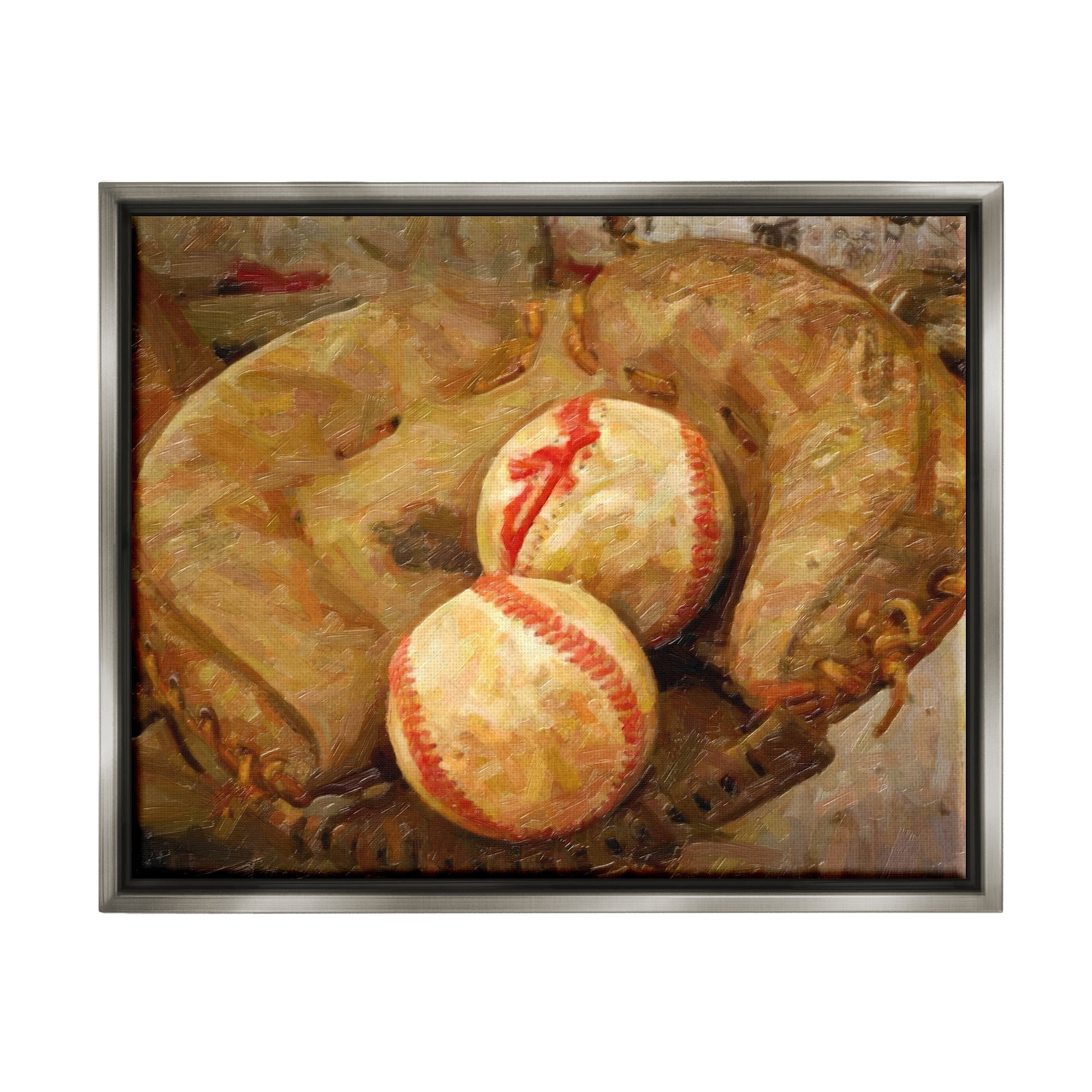 Stupell Industries Detailed Baseball Glove Mitt Holding Sports Balls Painting Luster Gray Floating Framed Canvas Print Wall Art, Design by Graffitee Studios