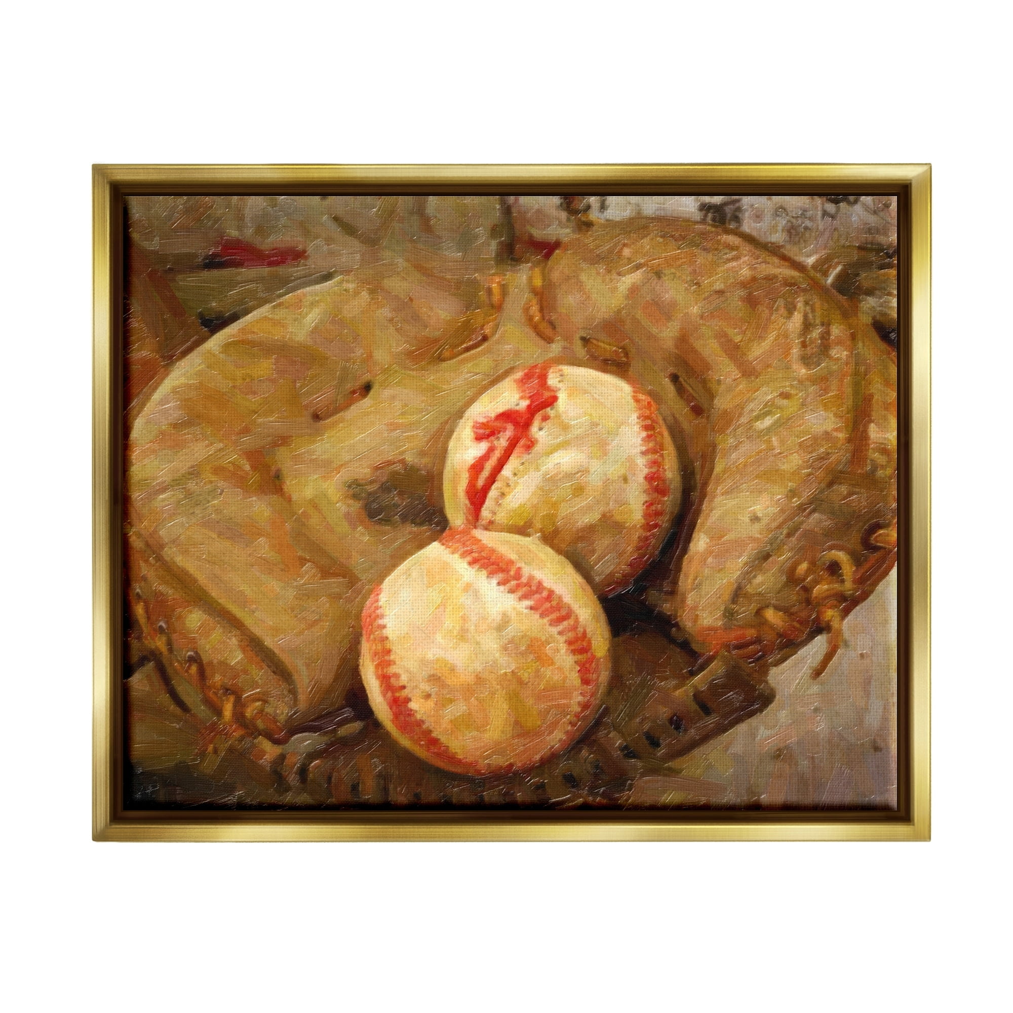 Stupell Industries Detailed Baseball Glove Mitt Holding Sports Balls Painting Metallic Gold Floating Framed Canvas Print Wall Art, Design by Graffitee Studios