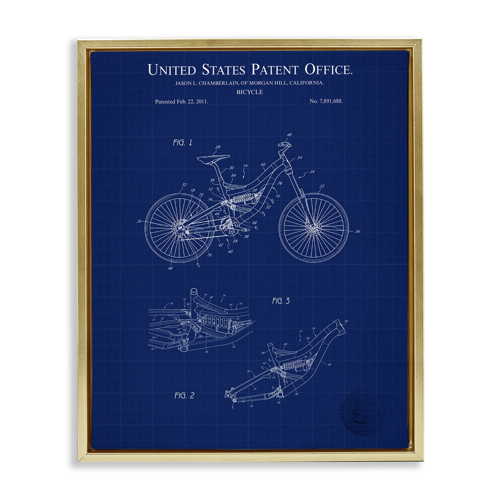 Stupell Industries Detailed Bicycle Blueprint Transportation Painting Gold Floater Framed Art Print Wall Art, 25 x 31