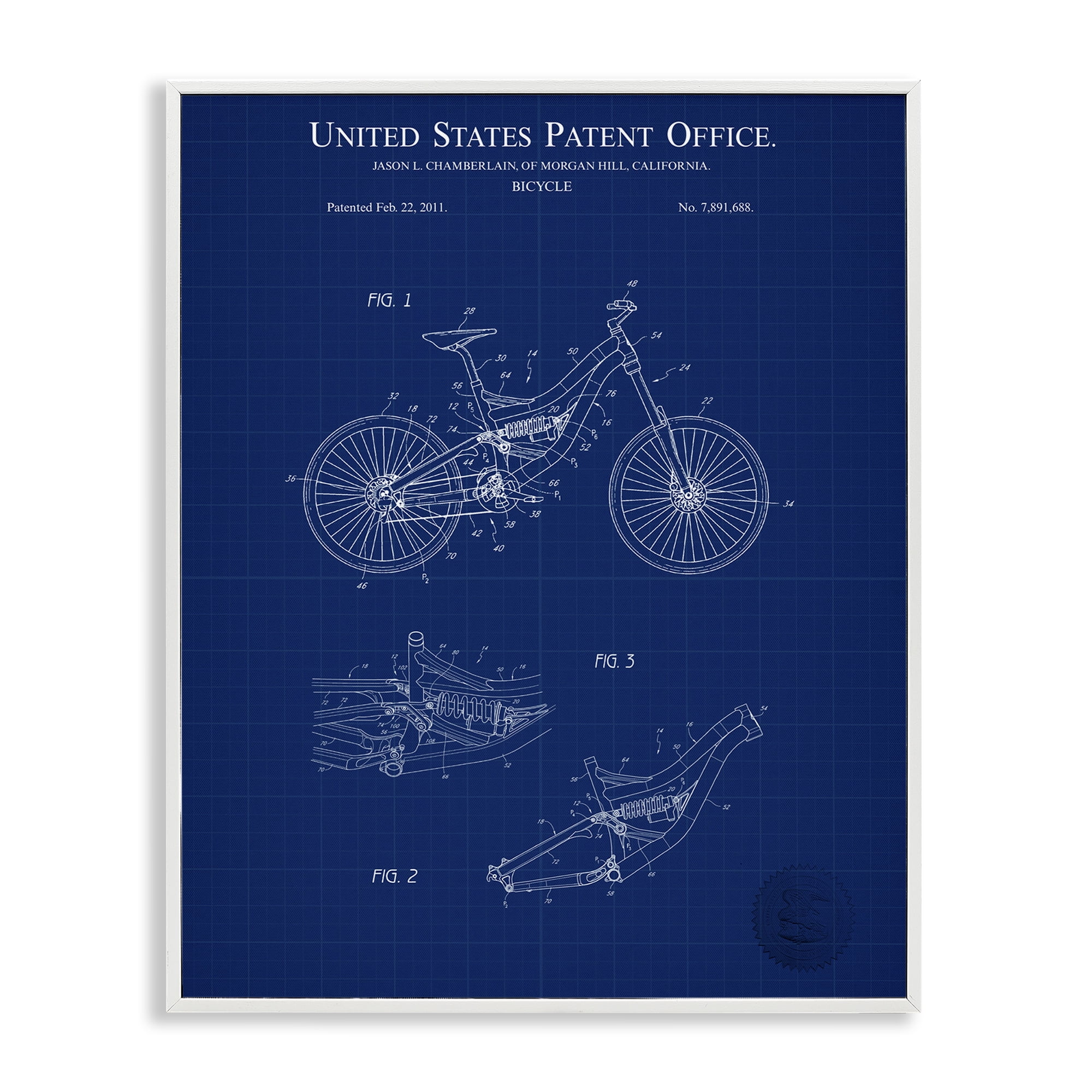 White Framed Bicycle Blueprint Art Print, 11 x 14