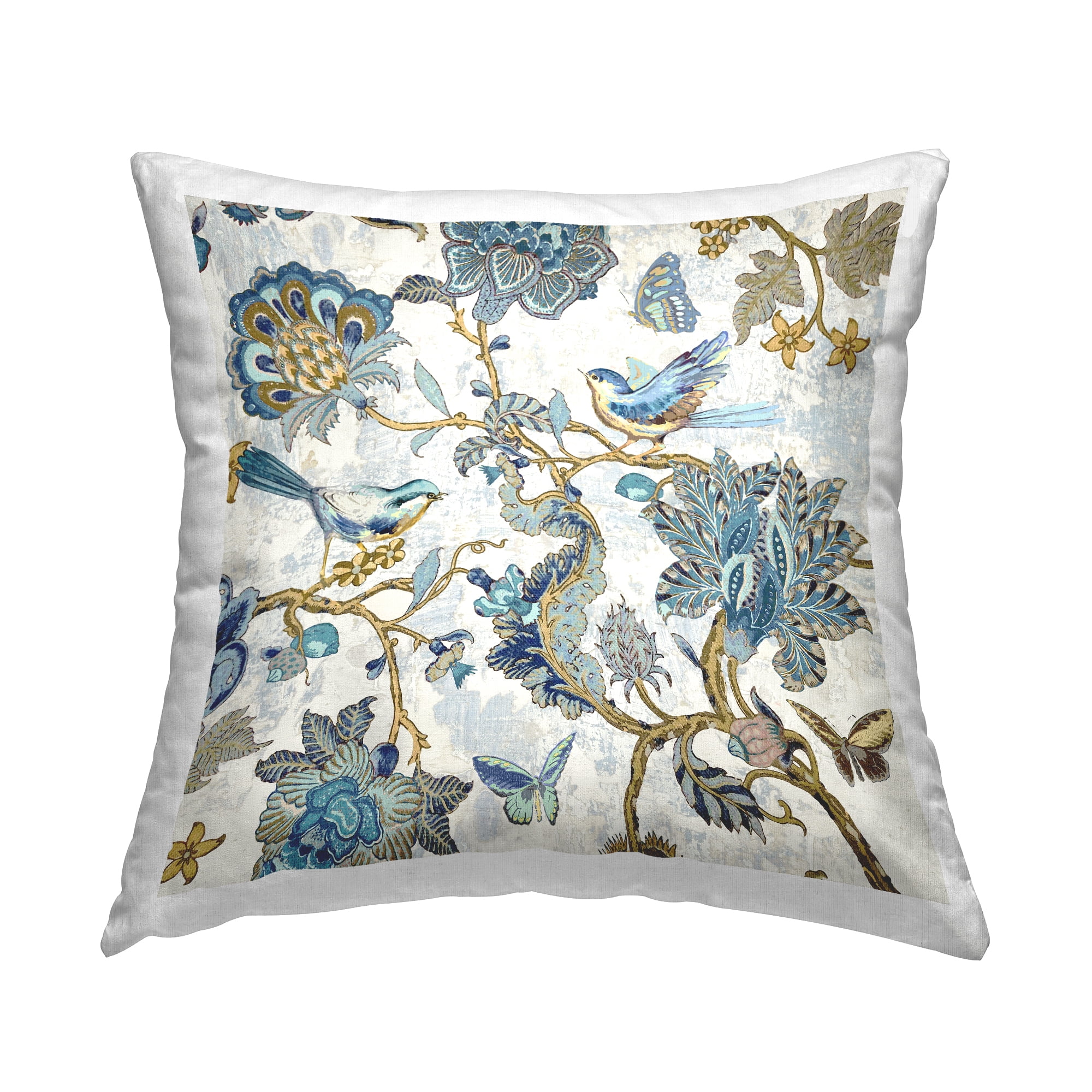 Stupell Industries Detailed Blue Floral Birds Pattern Printed Throw Pillow Design by Reneé Campbell