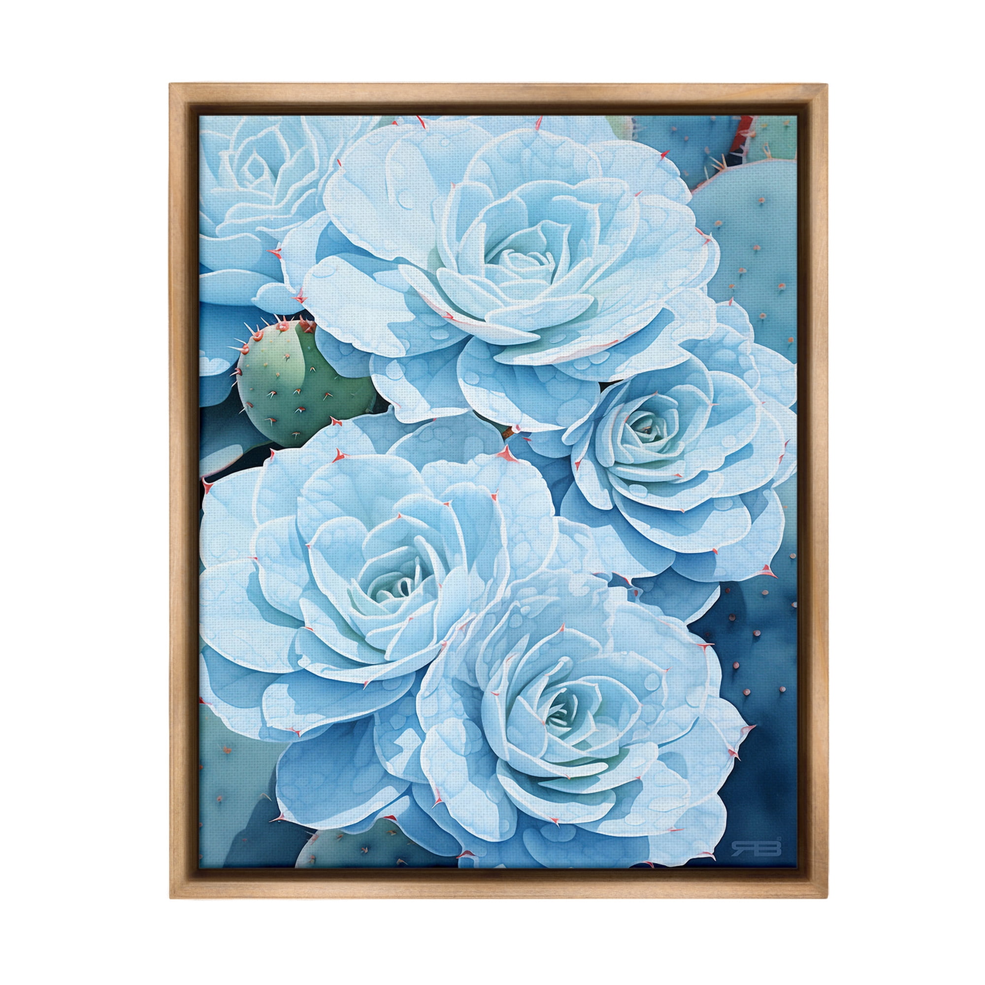 Stupell Industries Detailed Blue Succulents Botanical & Floral Painting Brown Floater Framed Canvas Art Print Wall Art, 25 x 31