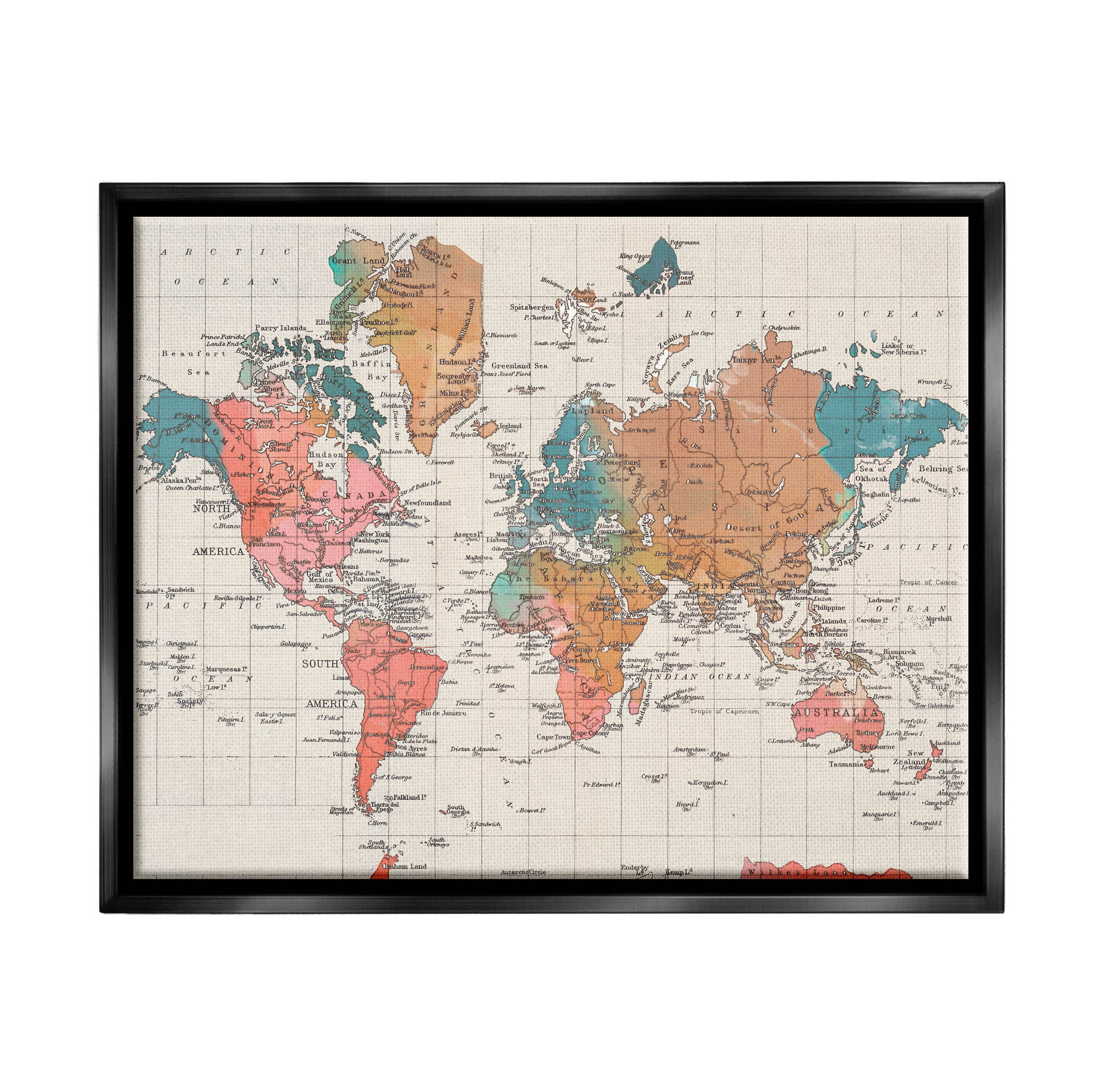 Stupell Industries Detailed Boho World Map Graphic Art Jet Black Floating Framed Canvas Print Wall Art, Design by Elizabeth Medley