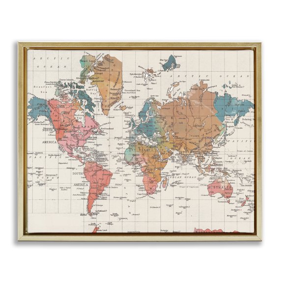 Stupell Industries Bohemian Detailed Boho World Map Gold Floating Frame Canvas Art, 21 x 17, by Elizabeth Medley