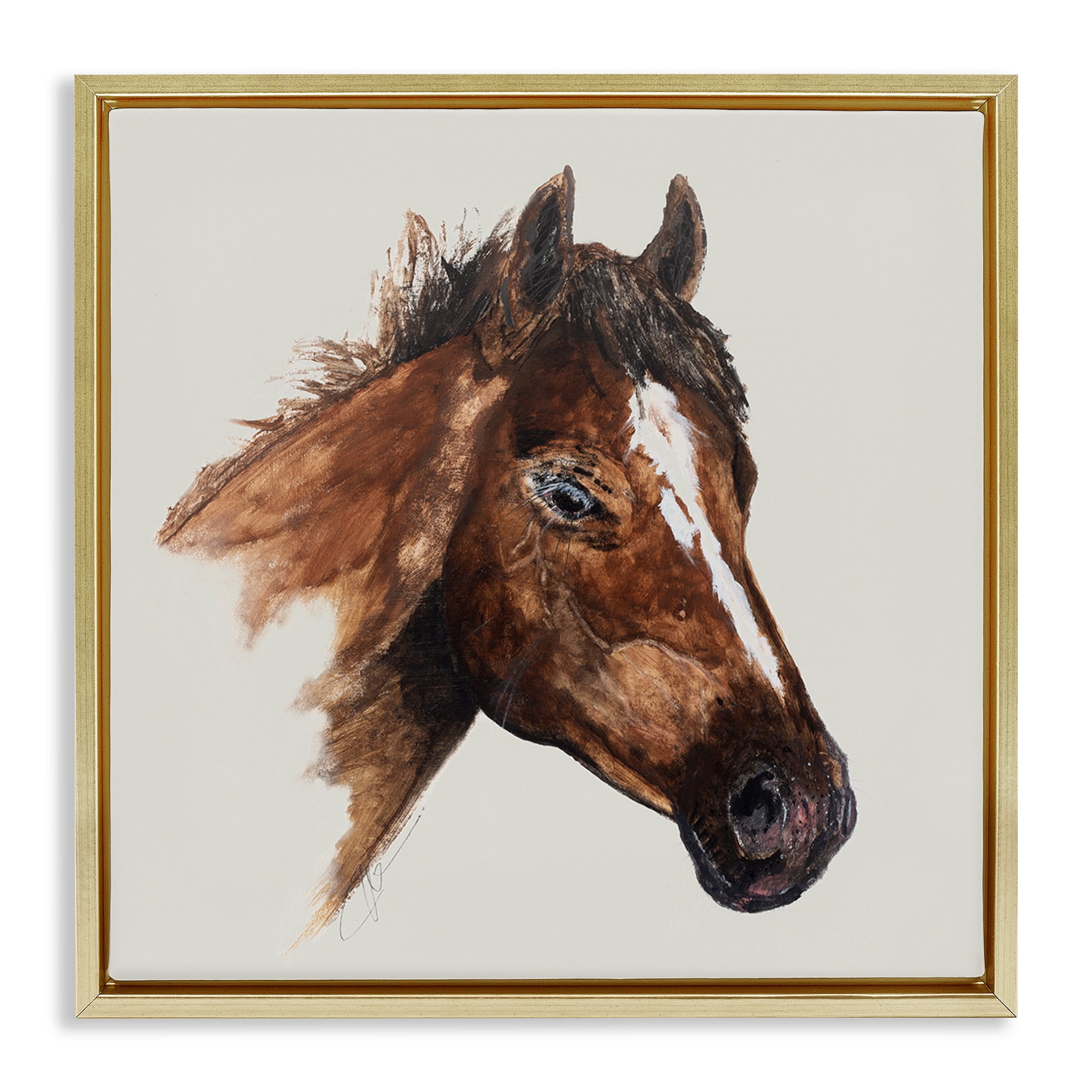 Stupell Industries Detailed Brown Horse Animals Painting Gold Floater Framed Canvas Art Print Wall Art, 18 x 18