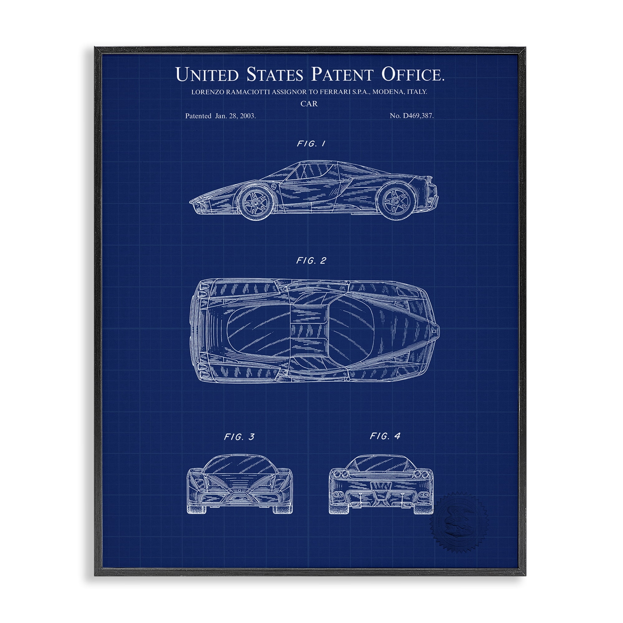Stupell Industries Detailed Car Blueprint Transportation Painting Black Framed Art Print Wall Art, 11 x 14
