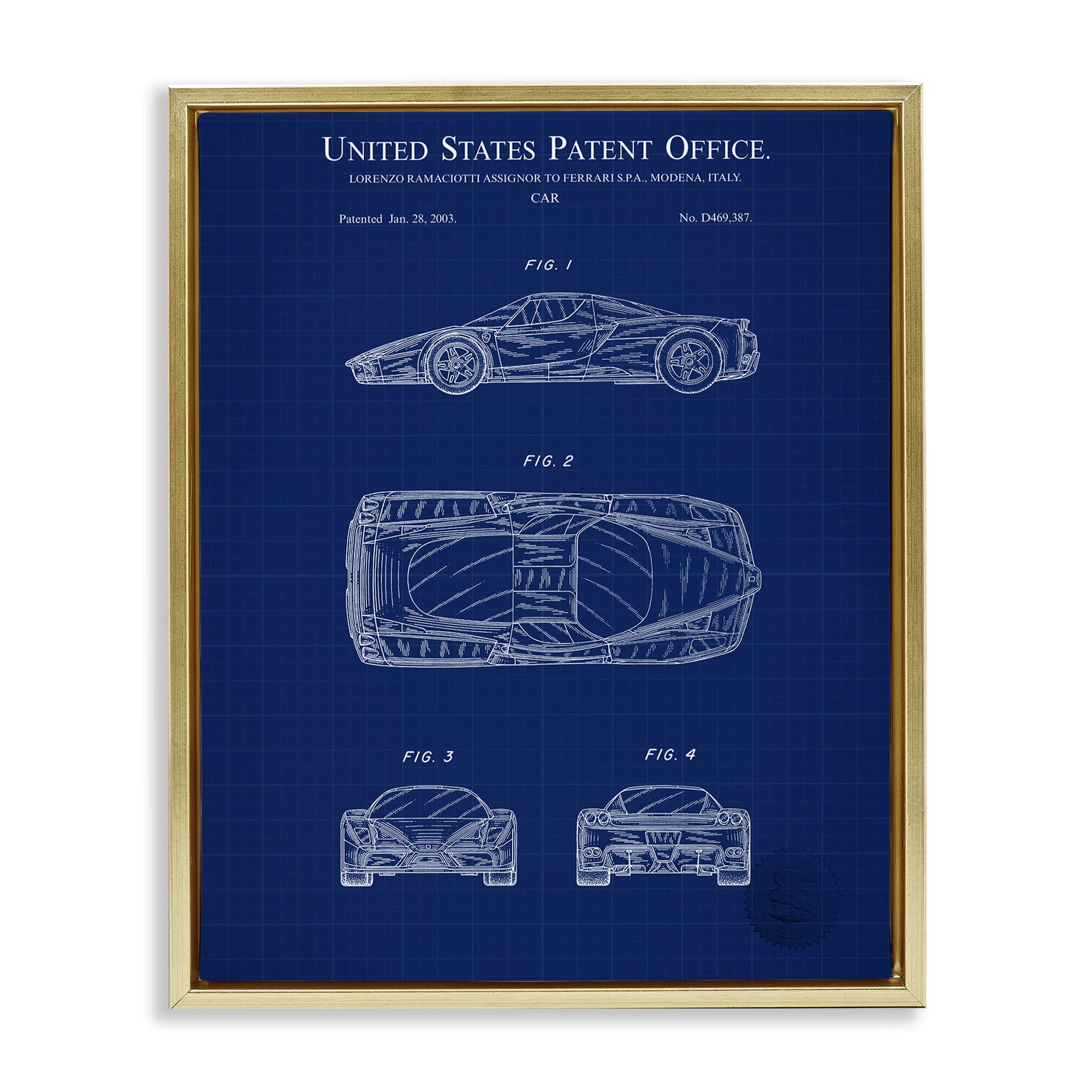 Stupell Industries Detailed Car Blueprint Transportation Painting Gold Floater Framed Art Print Wall Art, 25 x 31