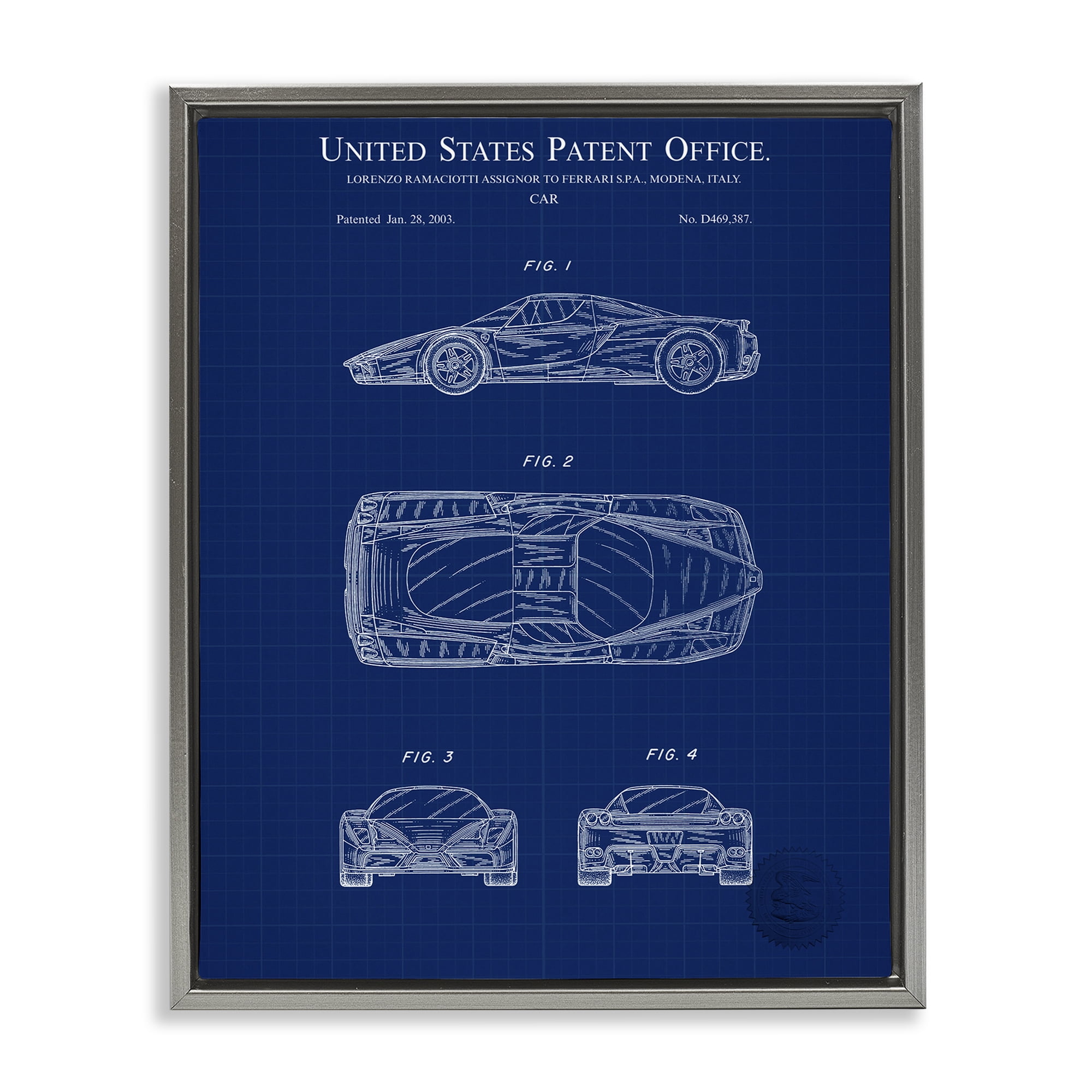 Stupell Industries Detailed Car Blueprint Transportation Painting Gray Floater Framed Art Print Wall Art, 25 x 31