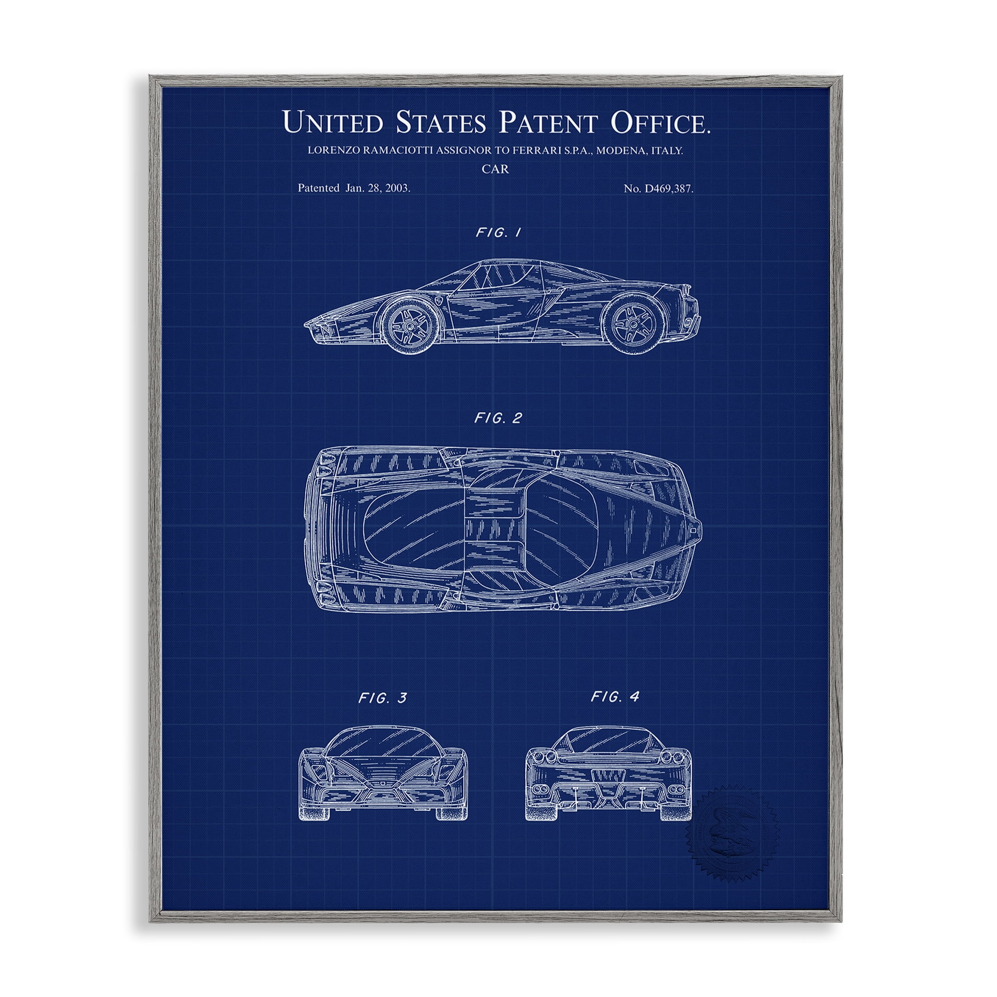 Stupell Industries Detailed Car Blueprint Transportation Painting Gray Framed Art Print Wall Art, 16 x 20