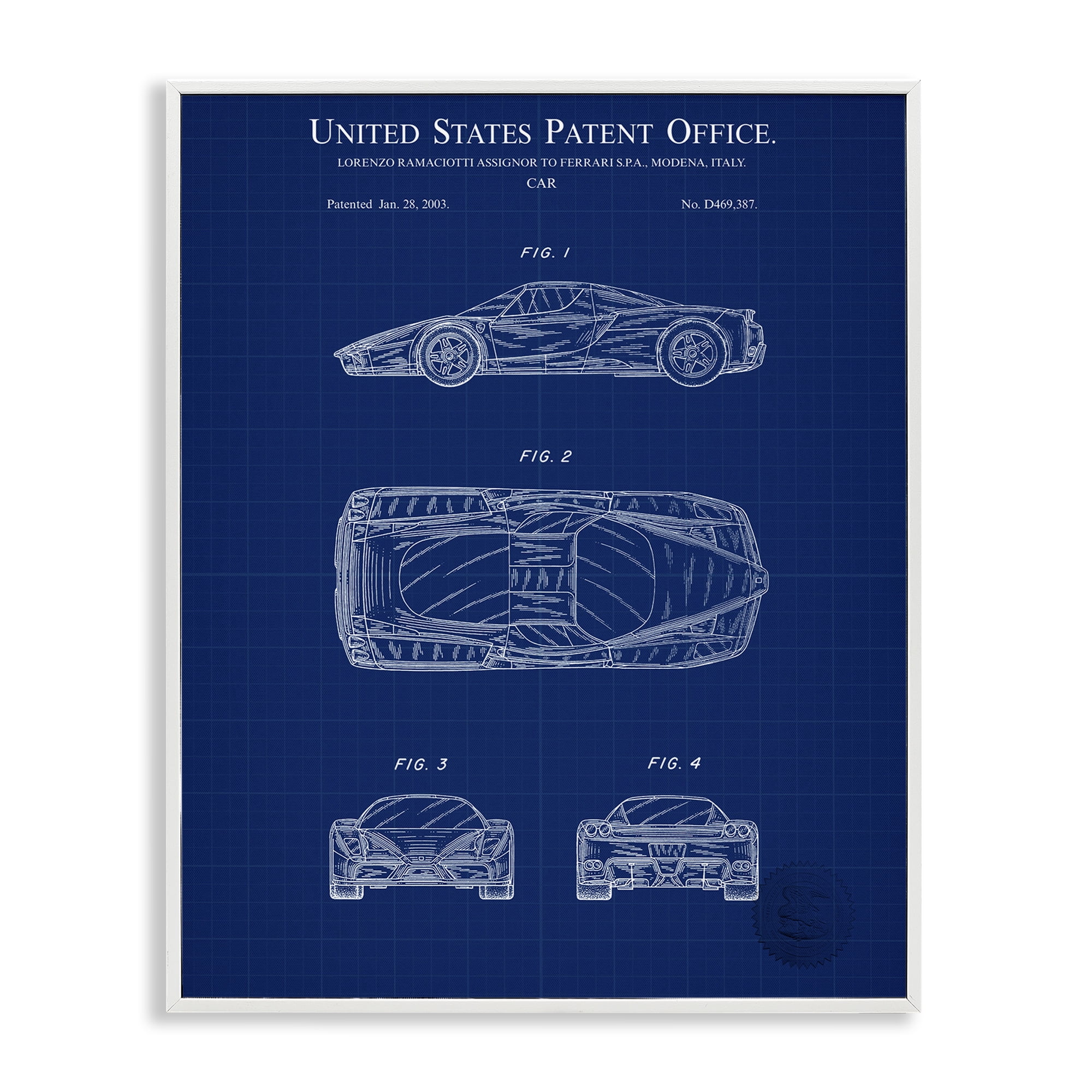 Stupell Industries Detailed Car Blueprint Transportation Painting White Framed Art Print Wall Art, 24 x 30
