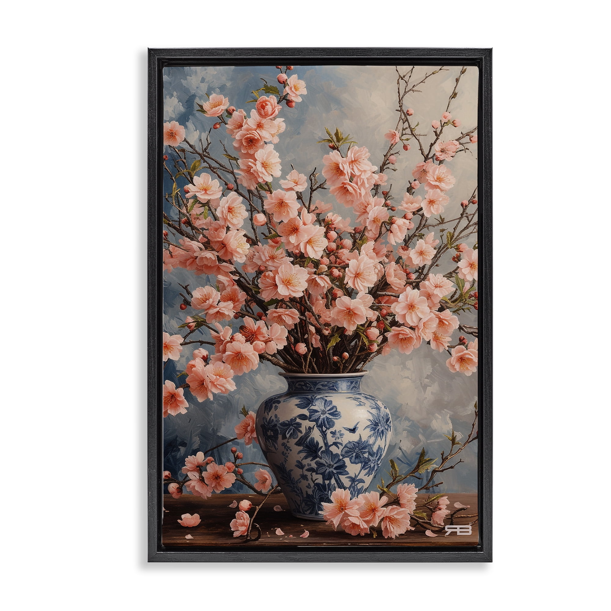 Stupell Industries Detailed Cherry Blossom Vase Botanical & Floral Painting Black Floater Framed Art Print Wall Art, 17 x 25