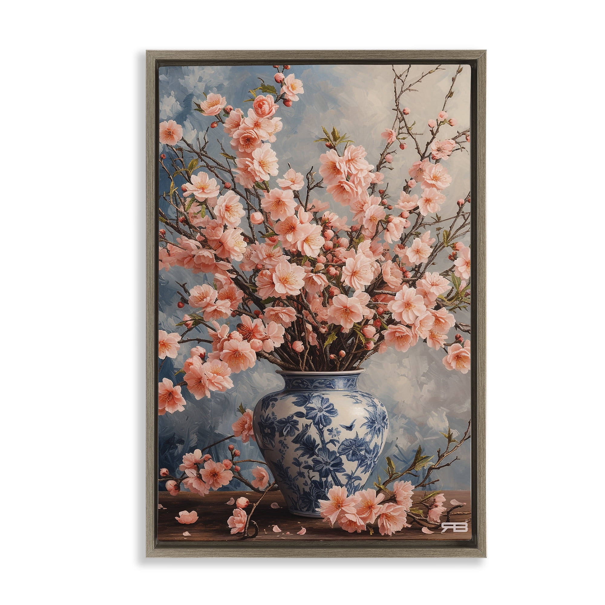 Stupell Industries Detailed Cherry Blossom Vase Botanical & Floral Painting Brown Floater Framed Art Print Wall Art, 21 x 31