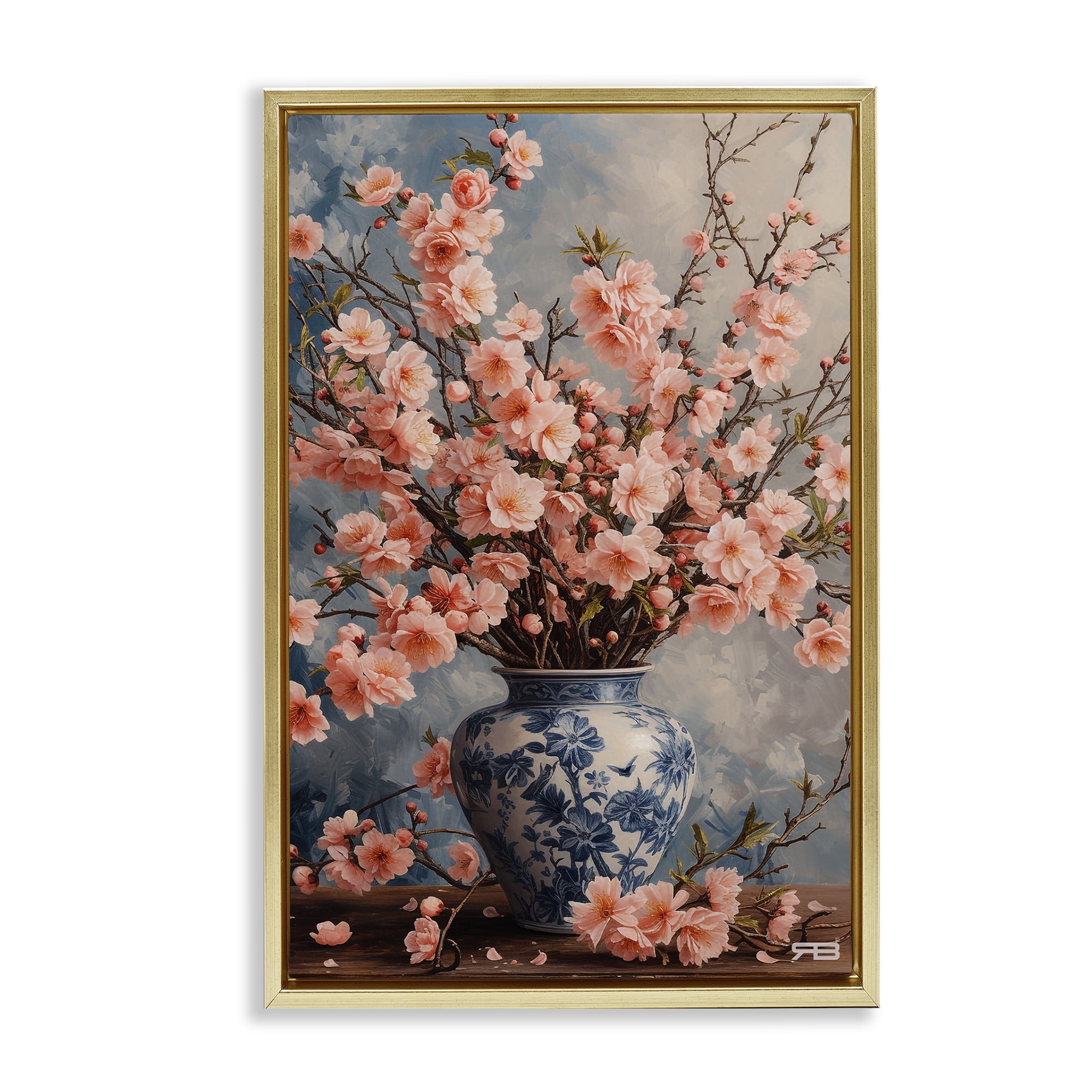 Stupell Industries Detailed Cherry Blossom Vase Botanical & Floral Painting Gold Floater Framed Art Print Wall Art, 17 x 25