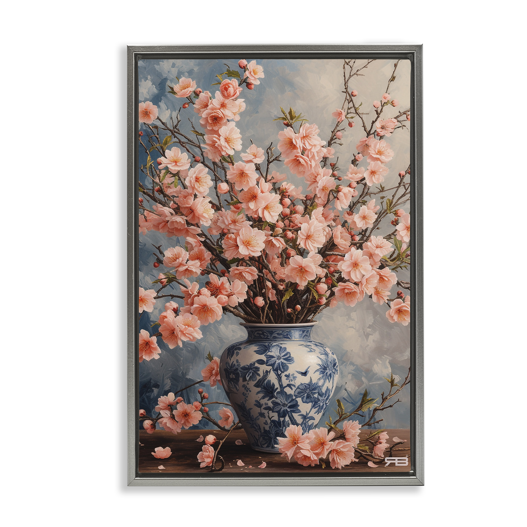 Stupell Industries Detailed Cherry Blossom Vase Botanical & Floral Painting Gray Floater Framed Art Print Wall Art, 21 x 31