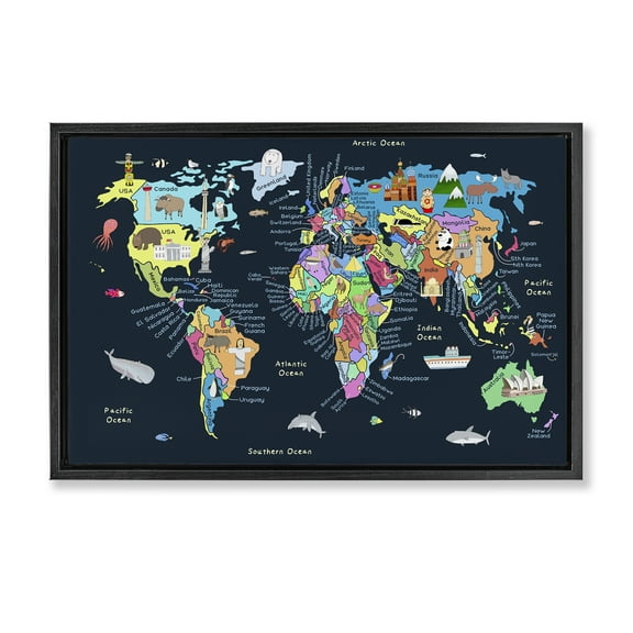 Stupell Industries Detailed Countries Map Education Painting Black Floater Framed Canvas Art Print Wall Art, 25 x 17