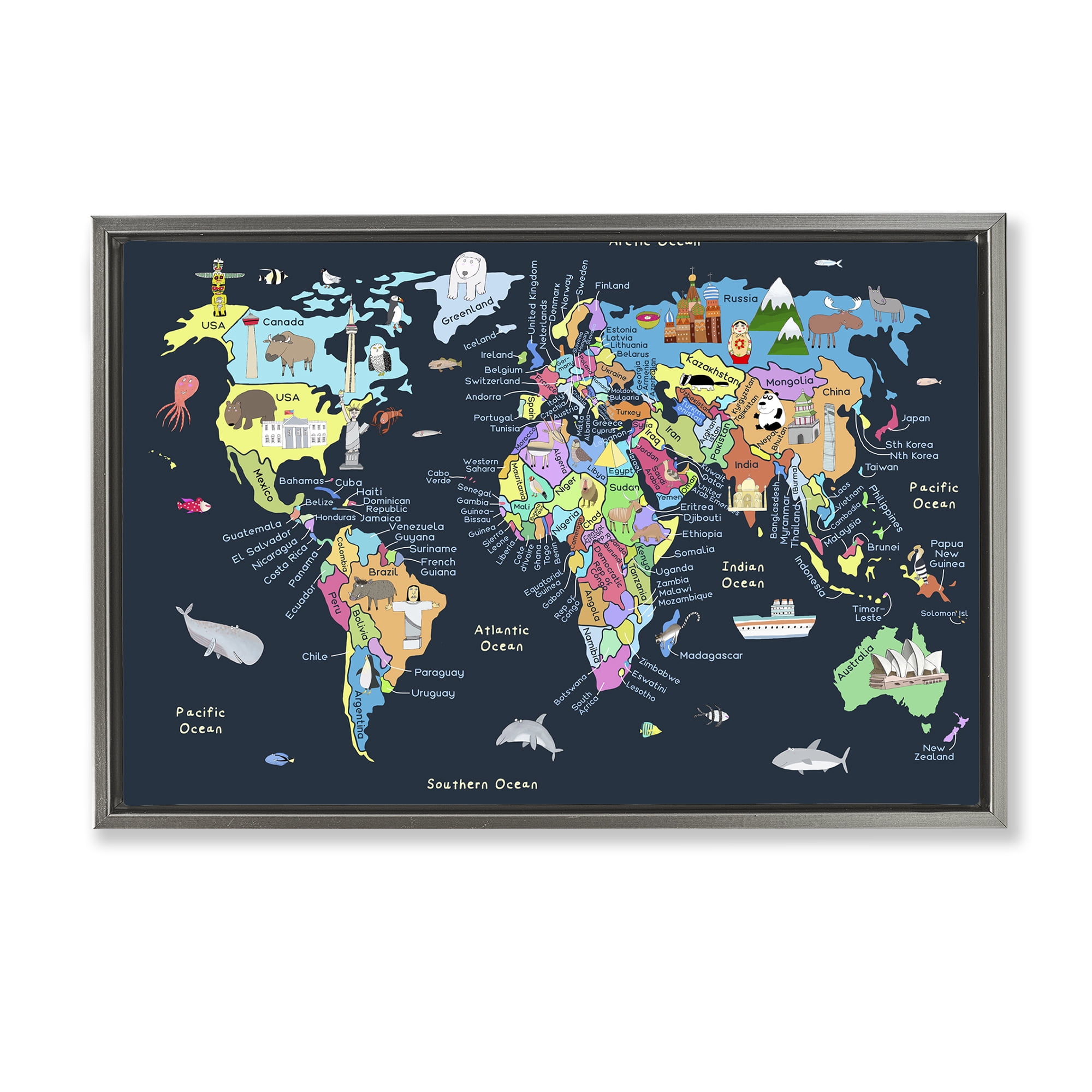 Stupell Industries Detailed Countries Map Education Painting Gray Floater Framed Canvas Art Print Wall Art, 25 x 17