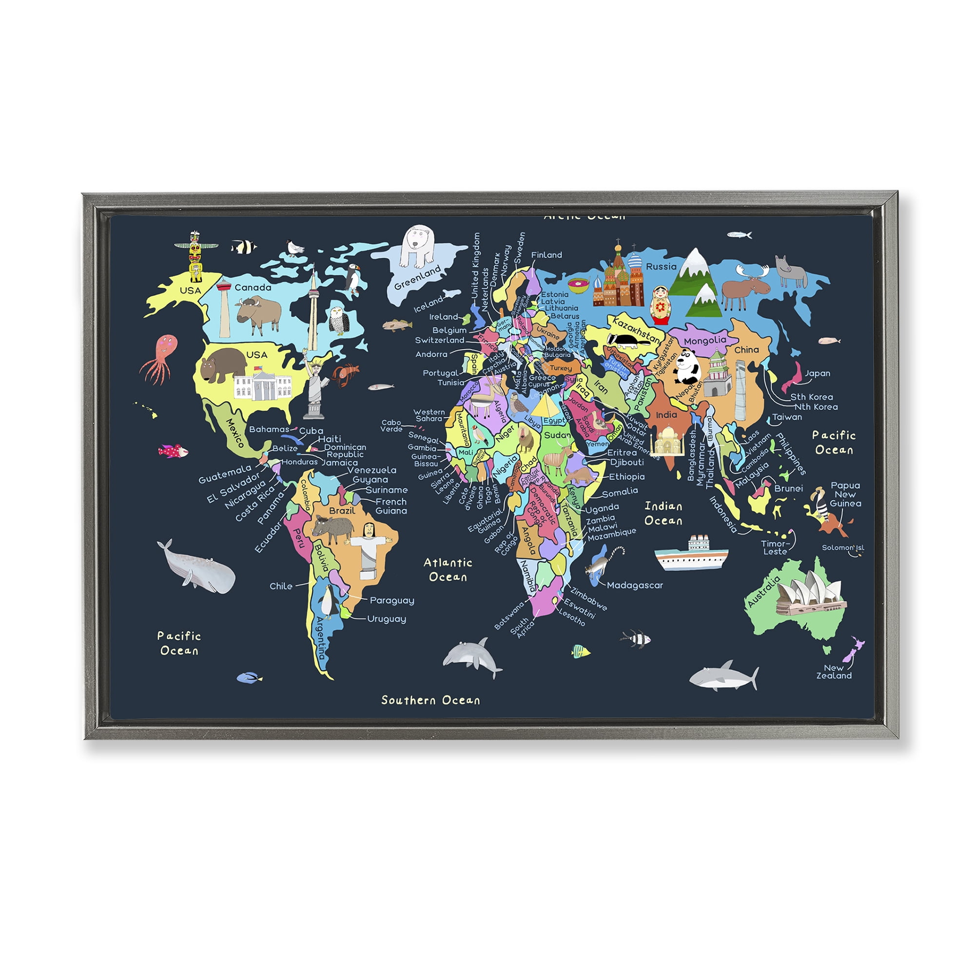 Stupell Industries Detailed Countries Map Education Painting Gray Floater Framed Canvas Art Print Wall Art, 31 x 21