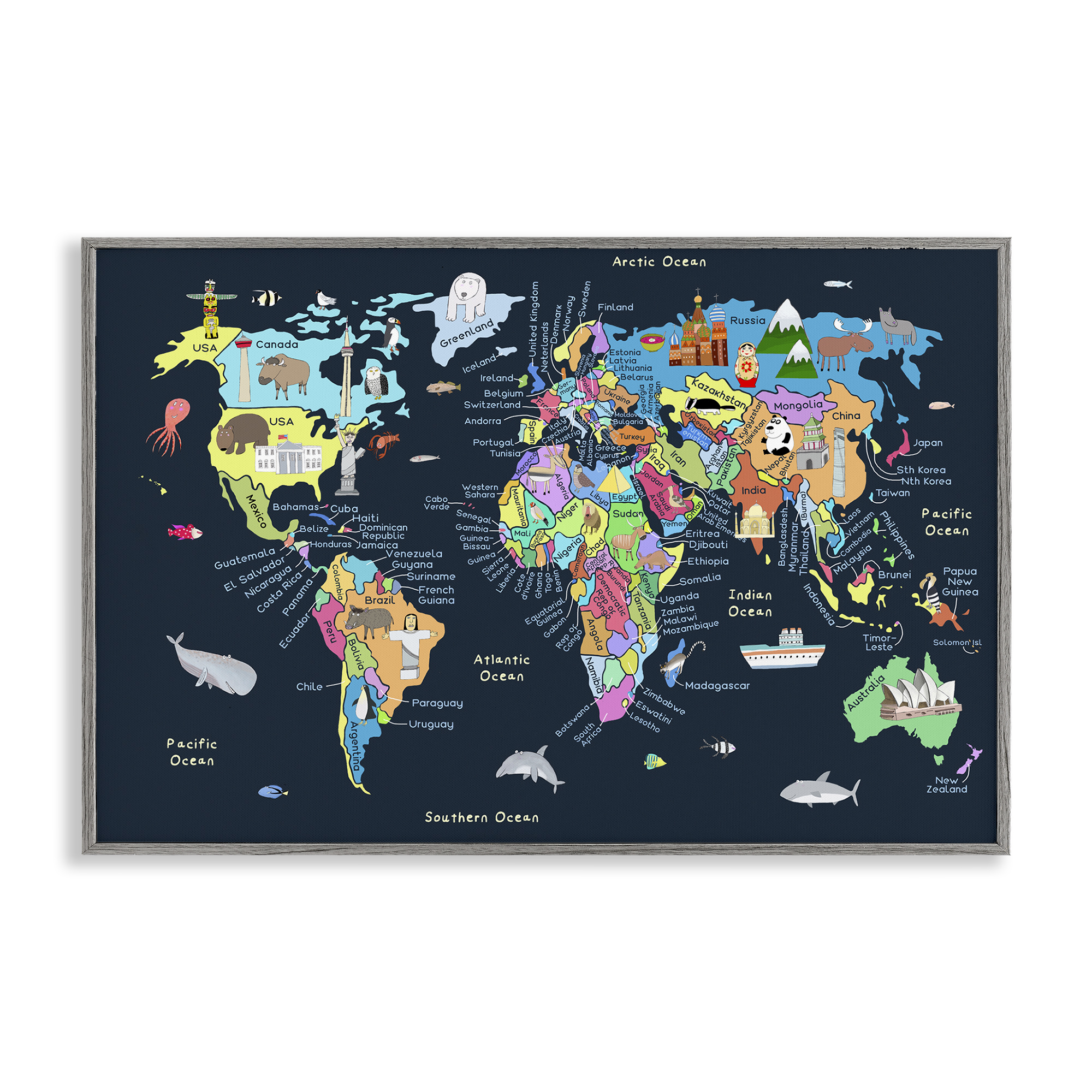 Stupell Industries Detailed Countries Map Education Painting Gray Framed Art Print Wall Art, 24 x 16