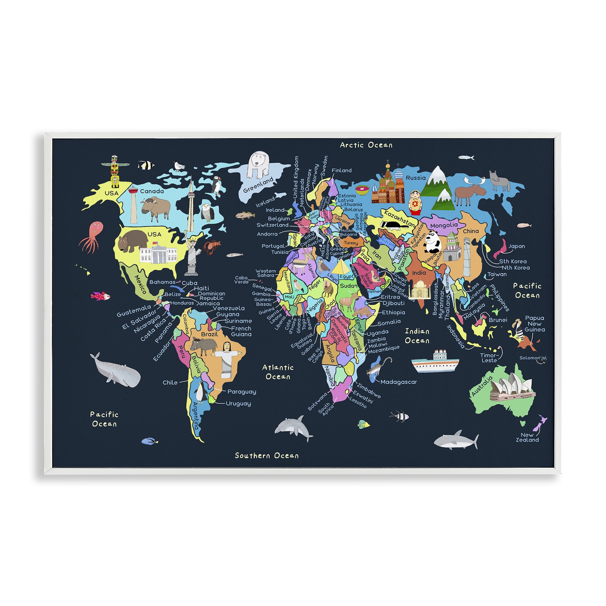 Stupell Industries Detailed Countries Map Education Painting White Framed Art Print Wall Art, 30 x 20