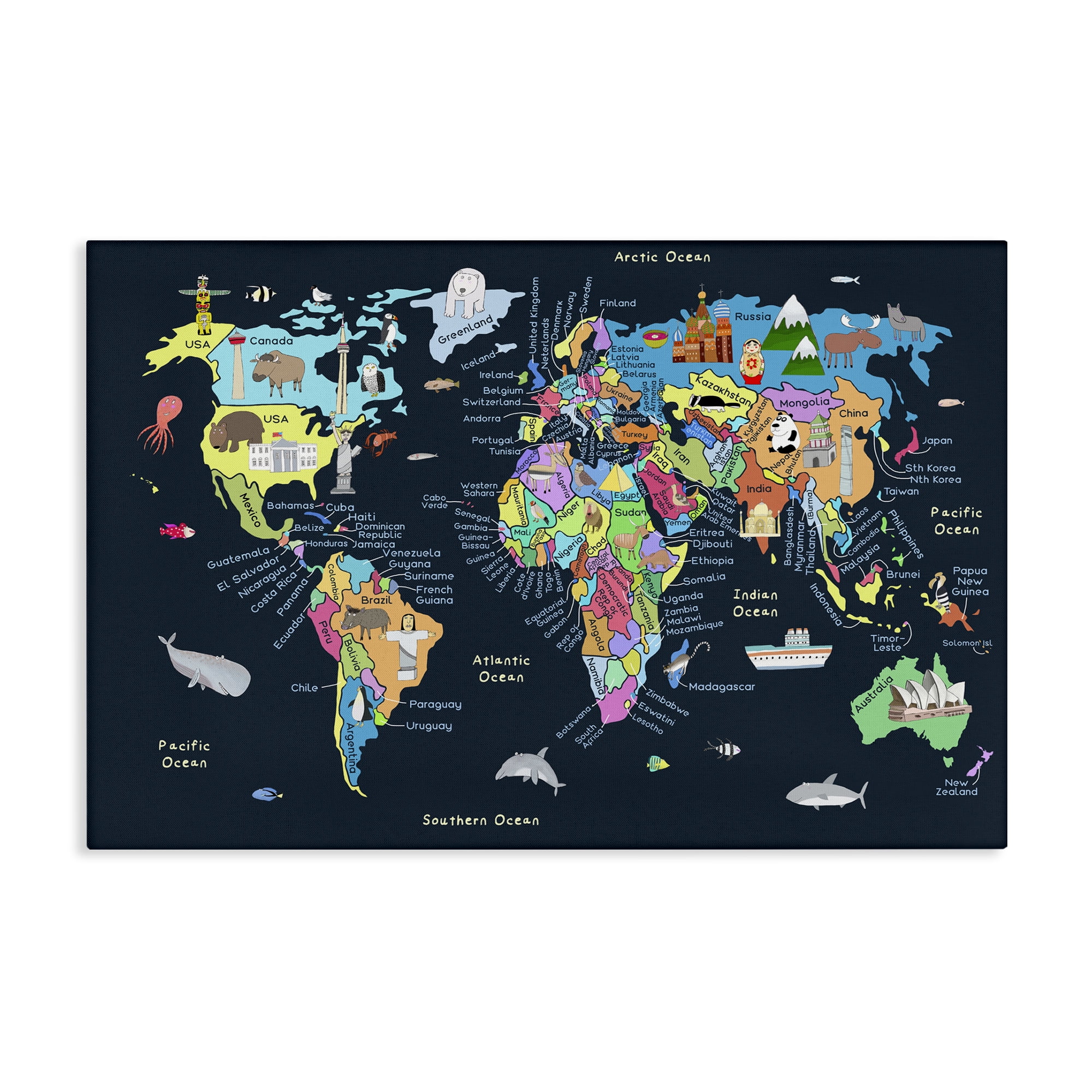 Stupell Industries Detailed Countries Map Education Painting Wrapped Canvas Art Print Wall Art, 45 x 30