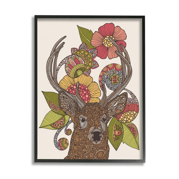 Stupell Industries Detailed Deer Wild Floral Blossoms Mandala Fractals Graphic Art Black Framed Art Print Wall Art, Design by Valentina Harper