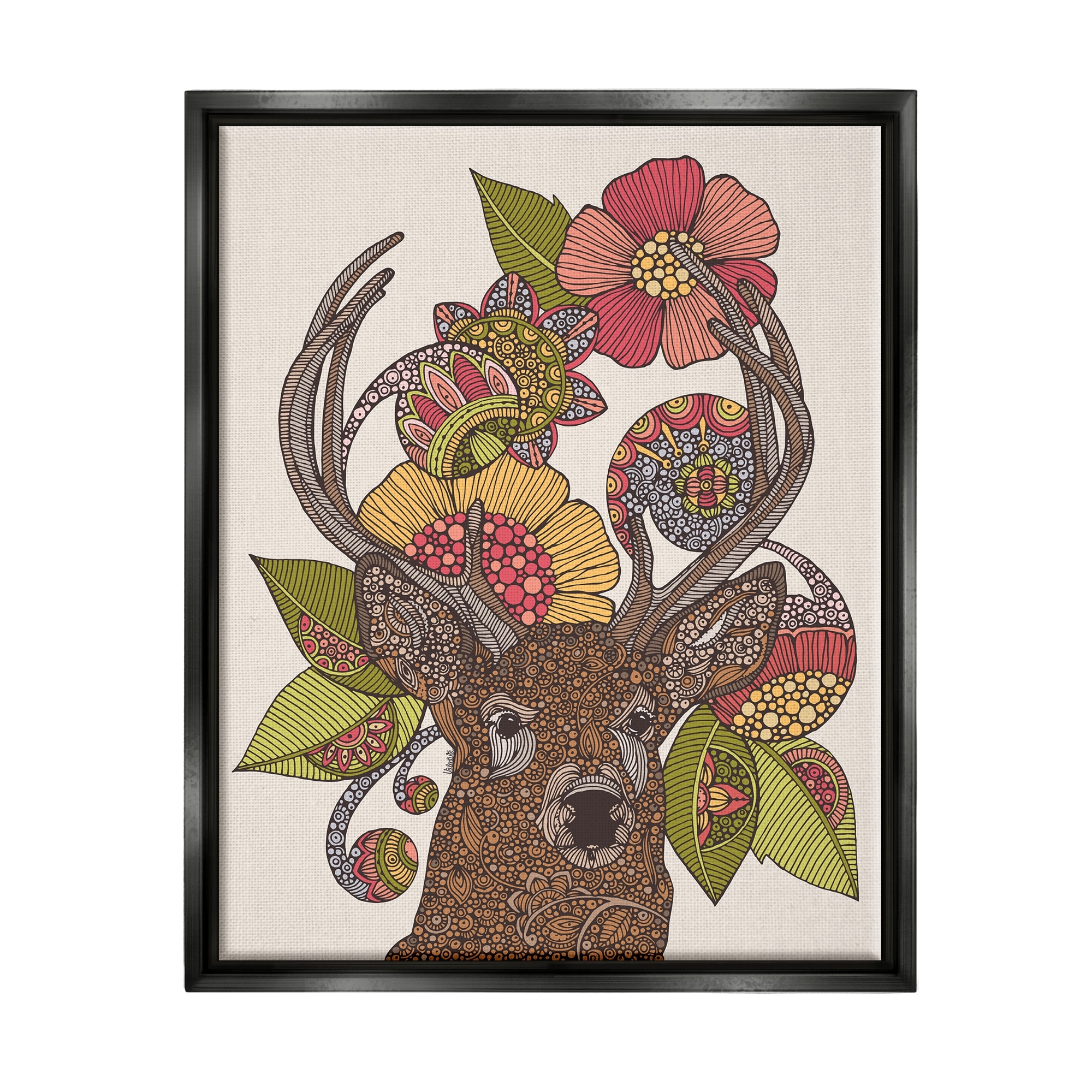 Stupell Industries Detailed Deer Wild Floral Blossoms Mandala Fractals Graphic Art Jet Black Floating Framed Canvas Print Wall Art, Design by Valentina Harper