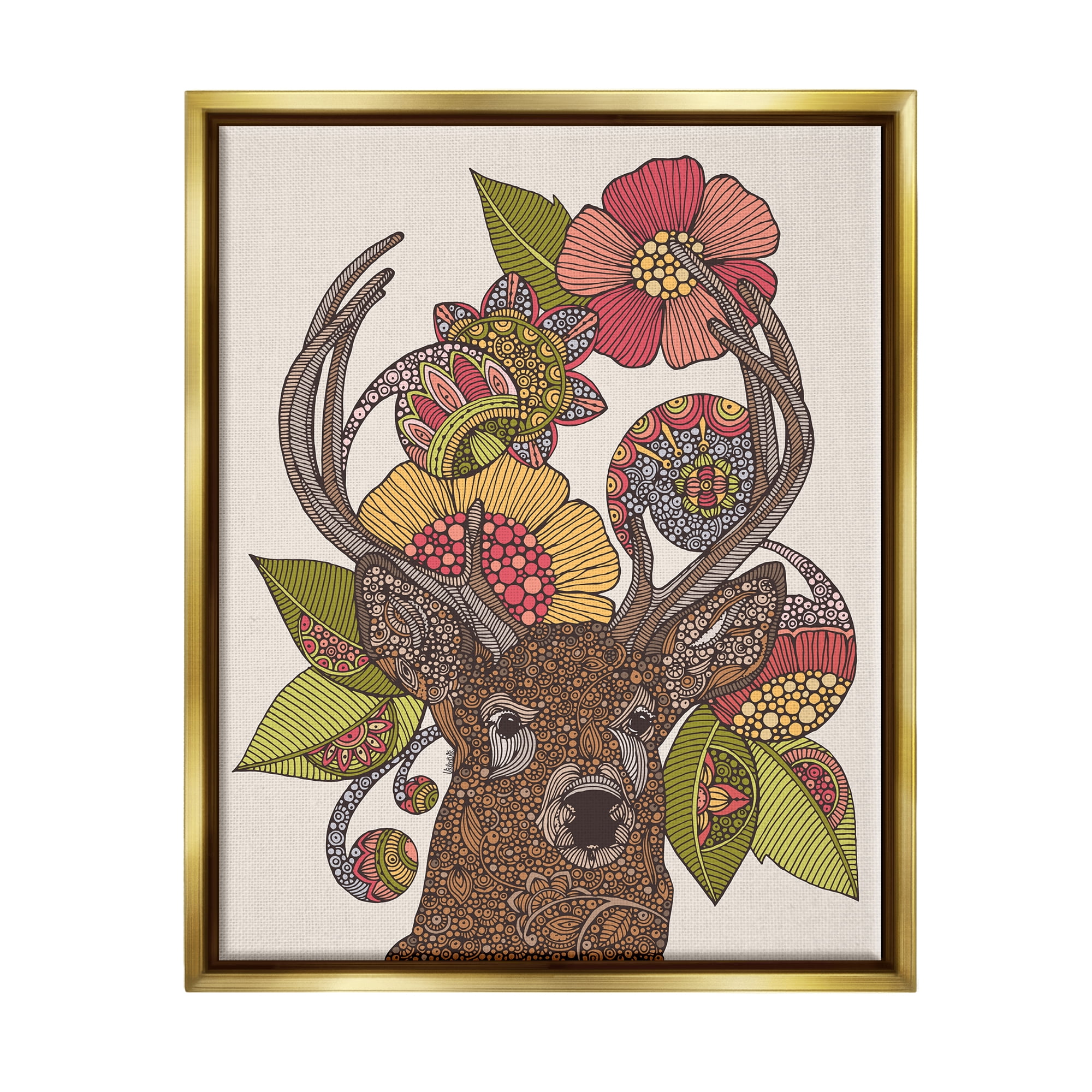 Stupell Industries Detailed Deer Wild Floral Blossoms Mandala Fractals Graphic Art Metallic Gold Floating Framed Canvas Print Wall Art, Design by Valentina Harper