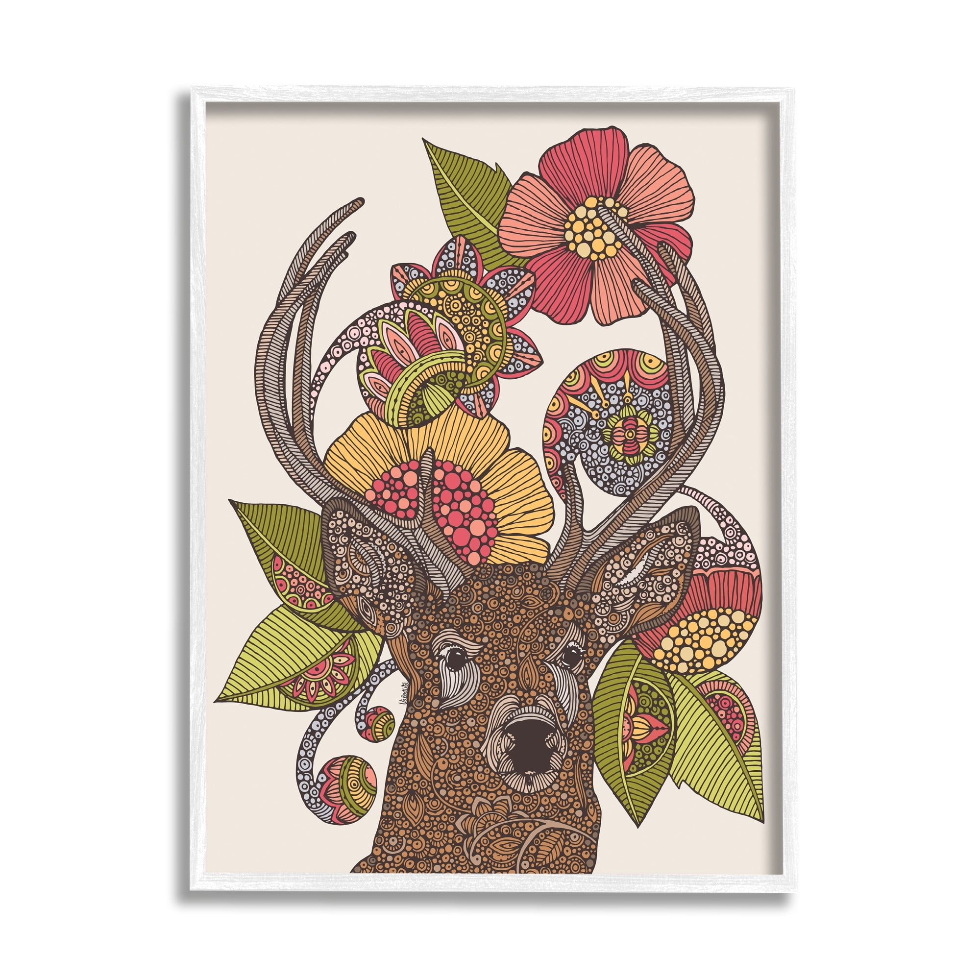 Stupell Industries Detailed Deer Wild Floral Blossoms Mandala Fractals Graphic Art White Framed Art Print Wall Art, Design by Valentina Harper