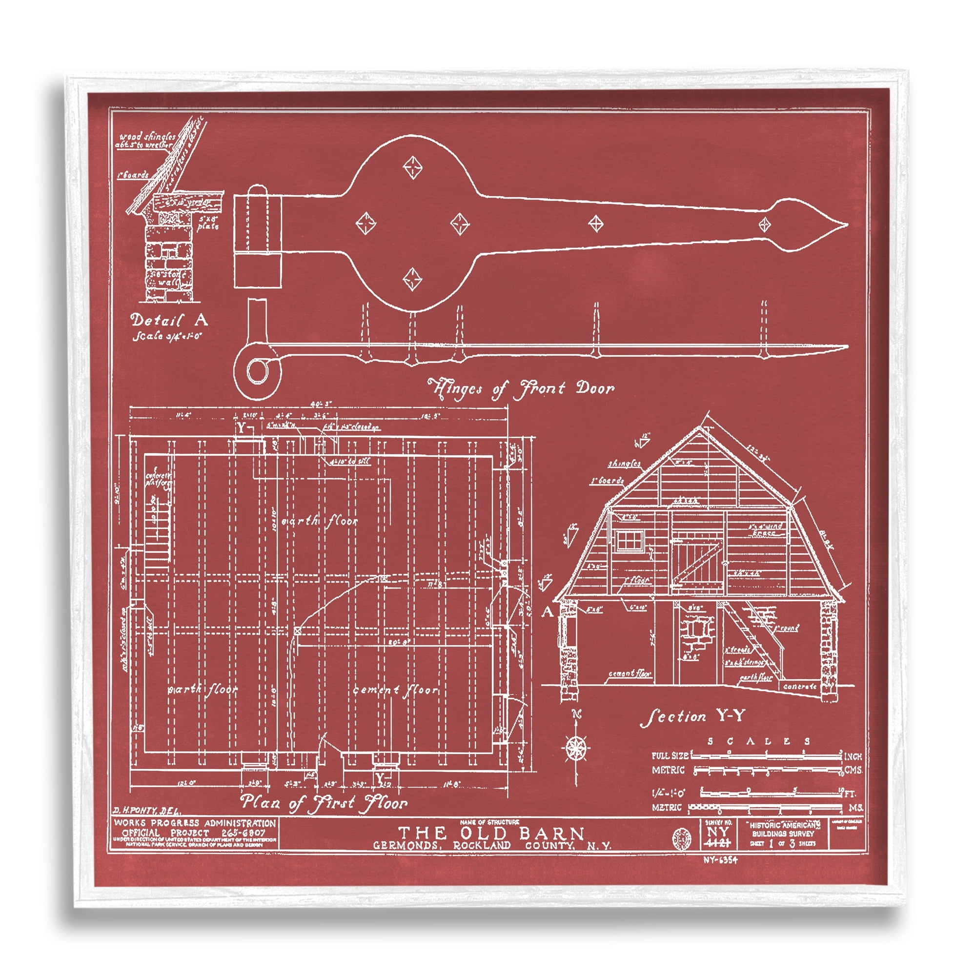 Stupell Industries Detailed Diagram Blueprint Old Barn Floor Plan Drawings White Framed Art Print Wall Art, 12x12, by Annie Warren