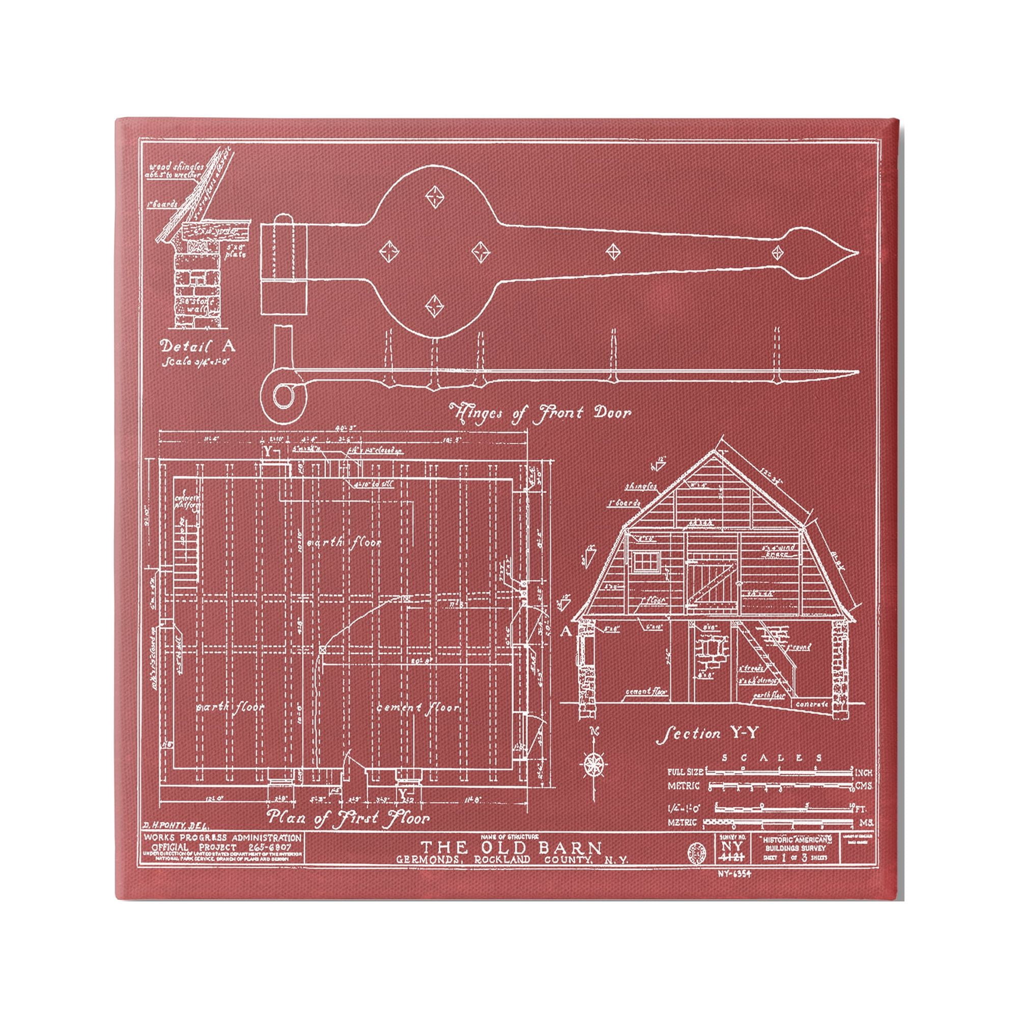 Stupell Industries Detailed Diagram Blueprint Old Barn Floor Plan Farmhouse Drawing Gallery-Wrapped Canvas Print Wall Art, 30 x 30, Design by Annie Warren