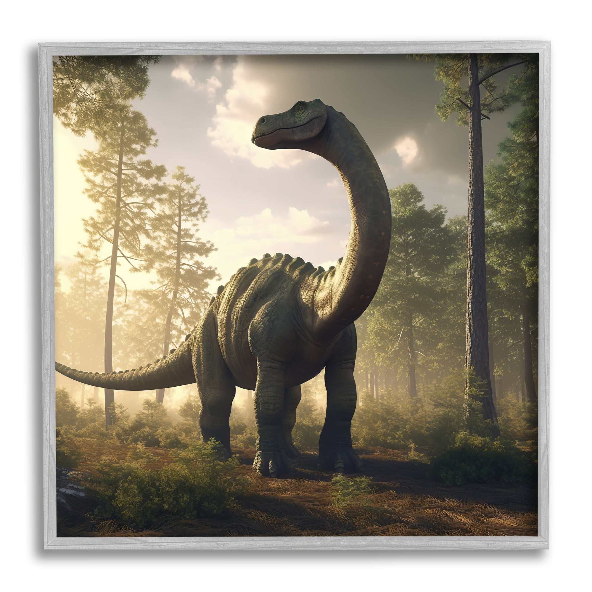Stupell Industries Detailed Dinosaur Landscape Animals & Insects Painting Gray Framed Art Print Wall Art, 17 x 17