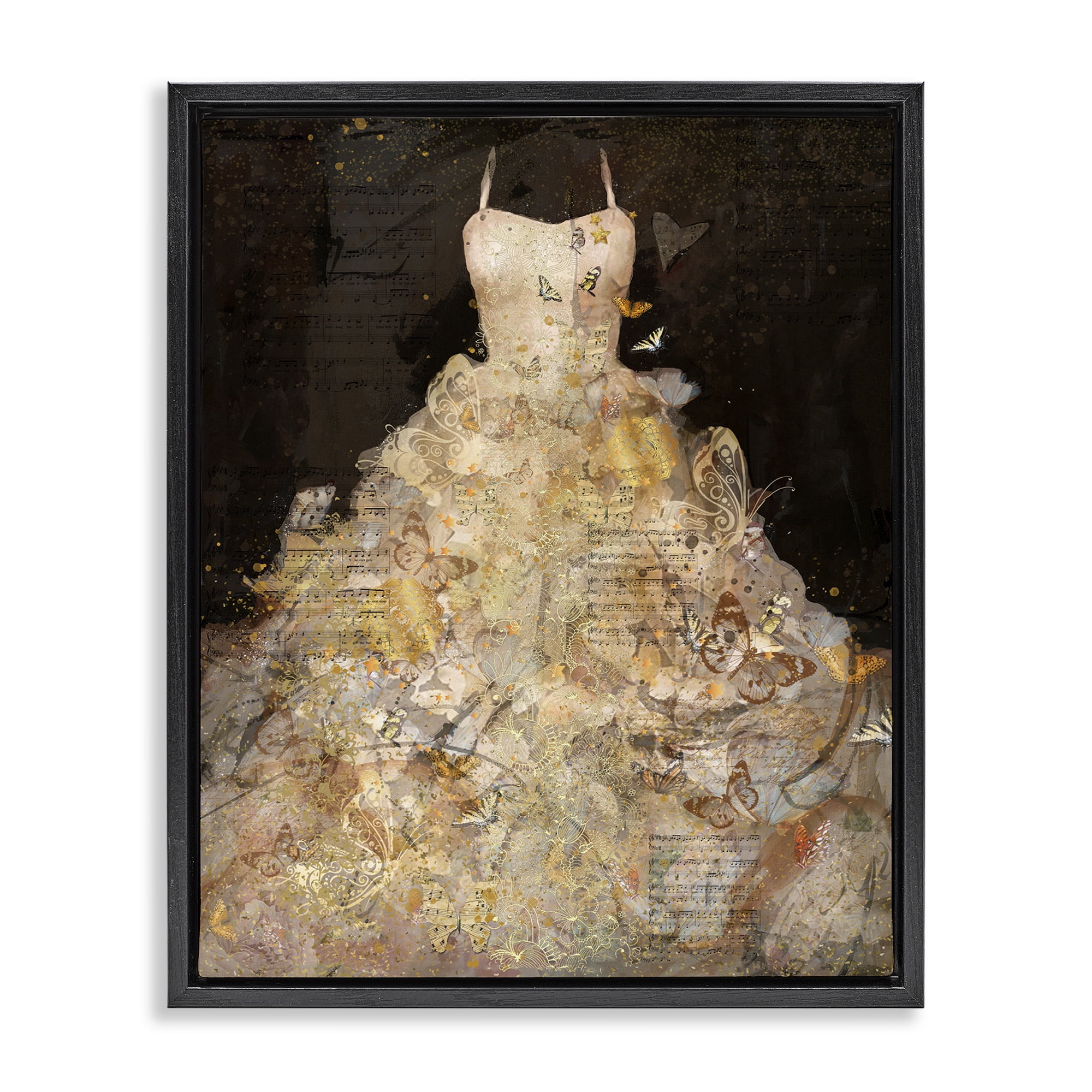 Stupell Industries Detailed Evening Gown Collage Beauty & Fashion Painting Black Floater Framed Canvas Art Print Wall Art, 17 x 21
